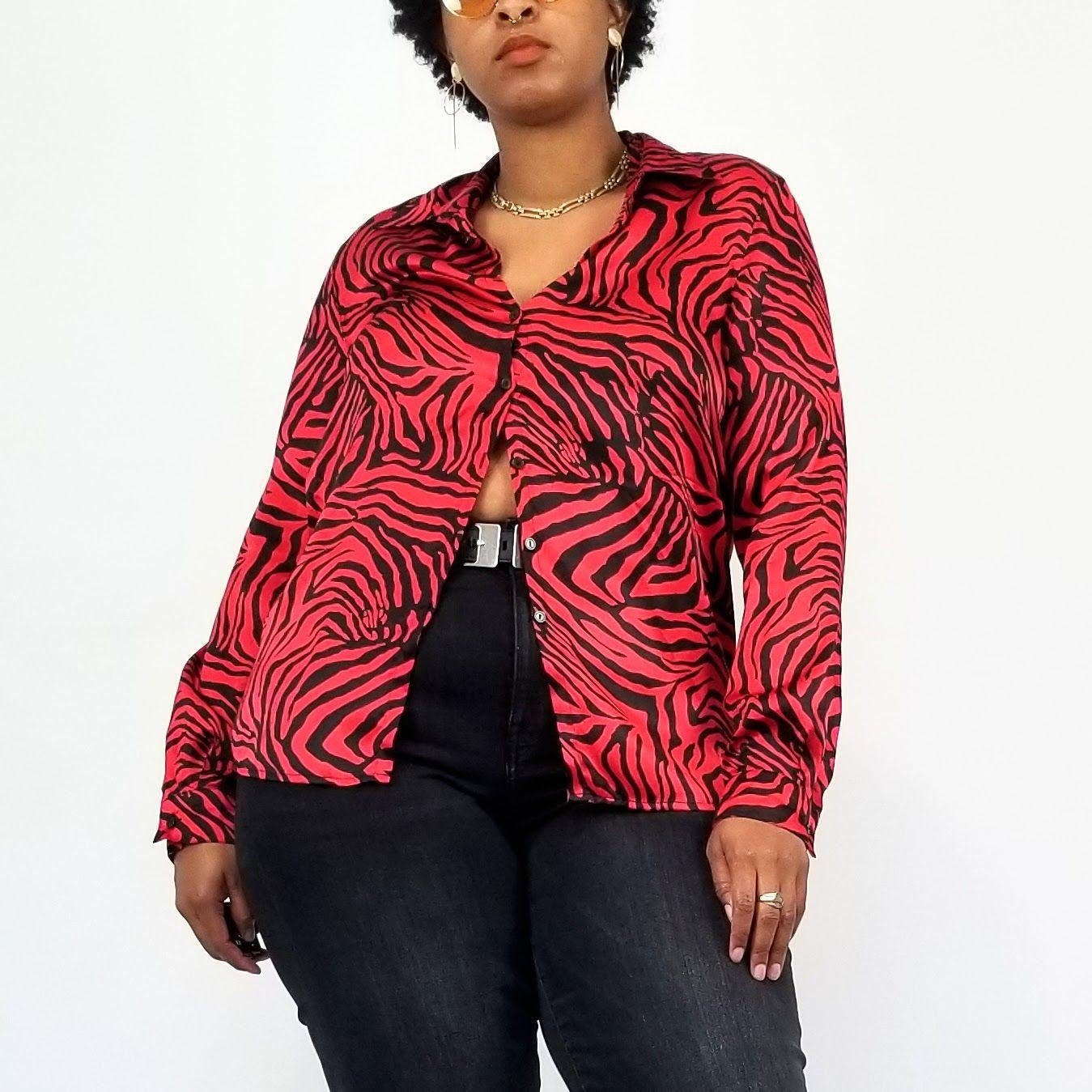 Vintage Red and Black Silk Zebra Print Button Up by Robbie Bee Shop
