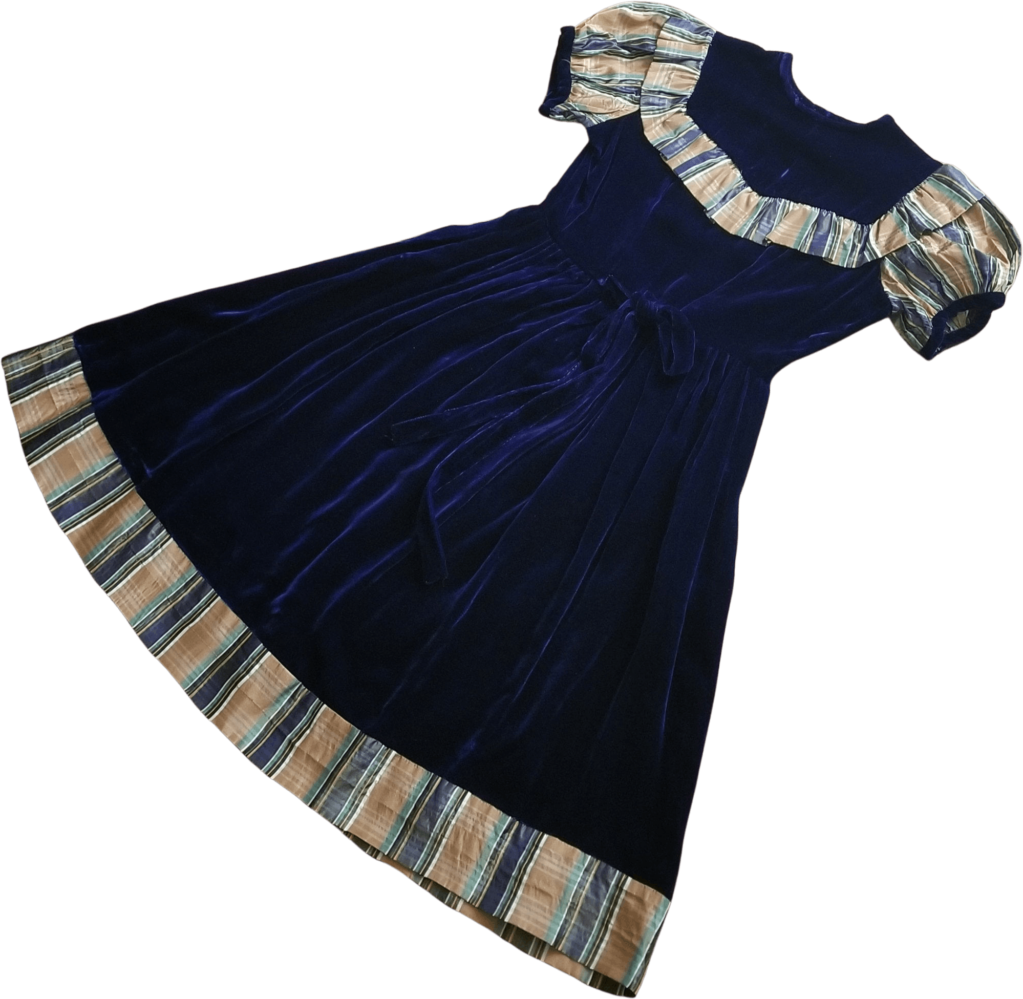 Vintage 40’s Blue Velvet Dress with Bow Waist and Plaid Trim Shop
