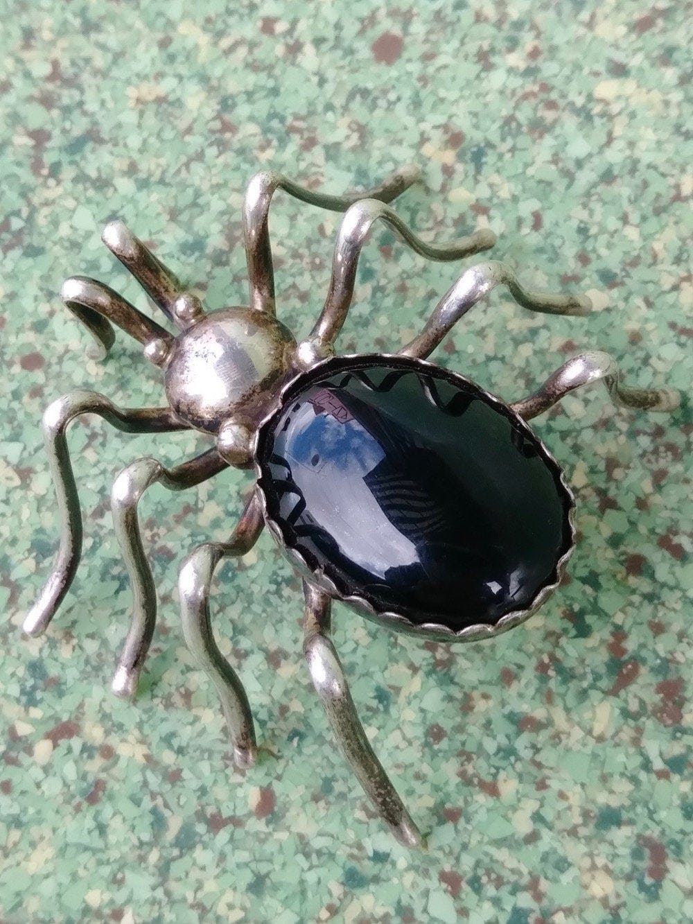 E. Spencer Sterling Silver Onyx Spider Brooch