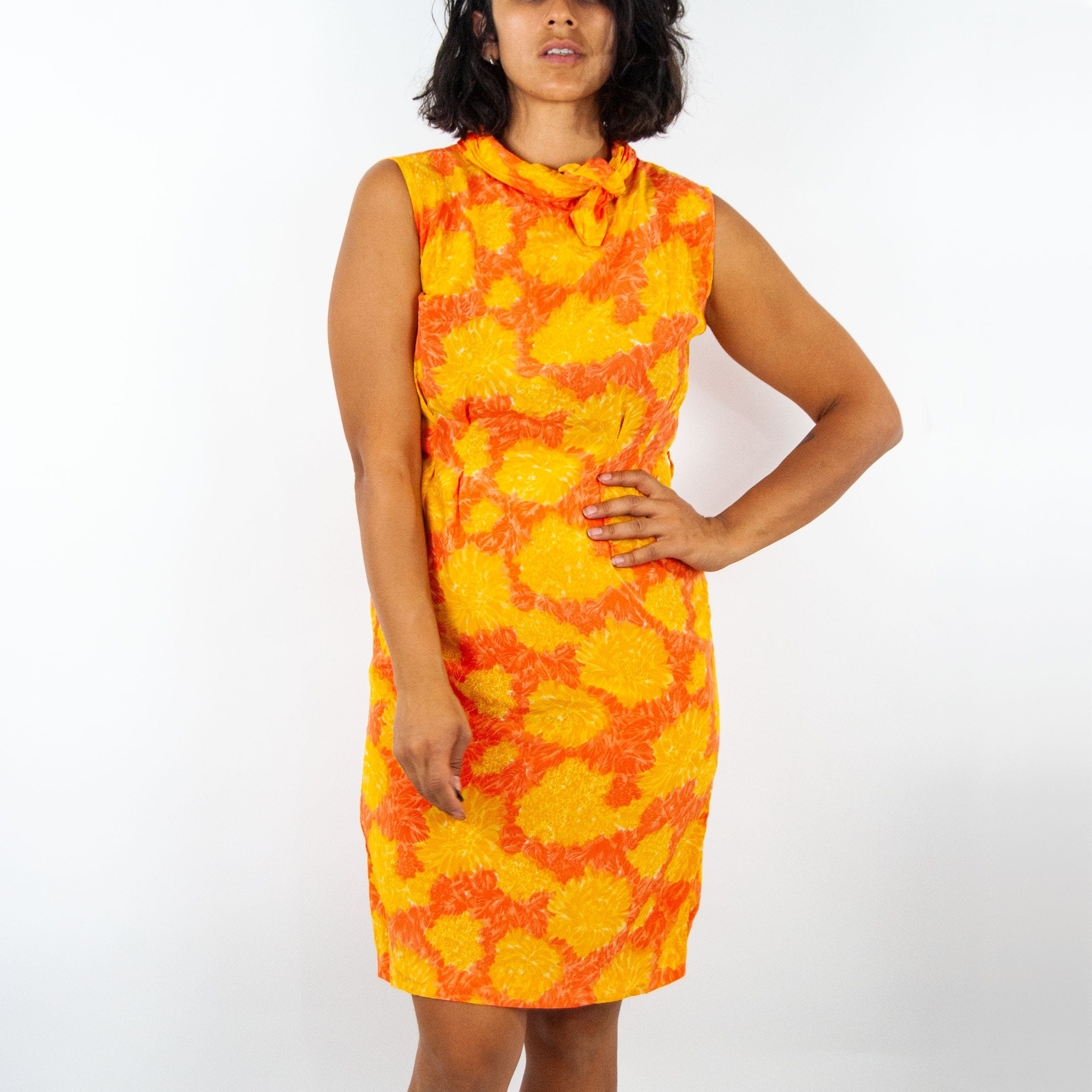 Vintage 60s Orange Floral Silk Dress Shop THRILLING