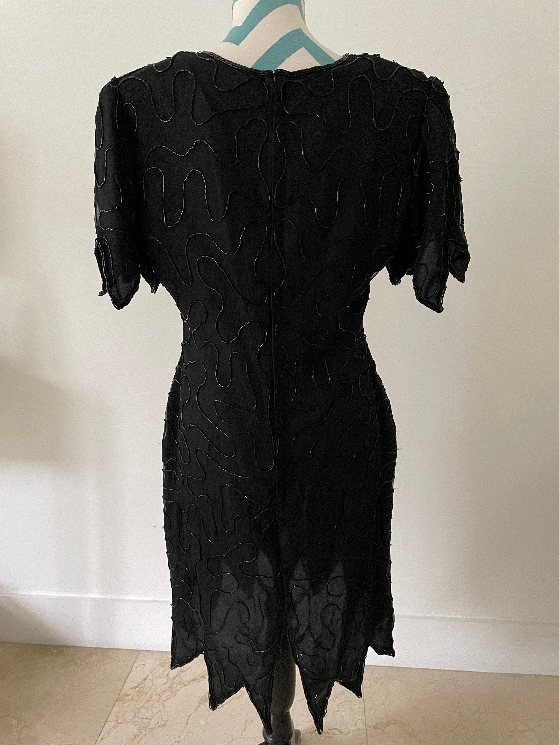 Vintage Black Beaded Sequined Silk Jagged Trim Dress by Laurence Kazar