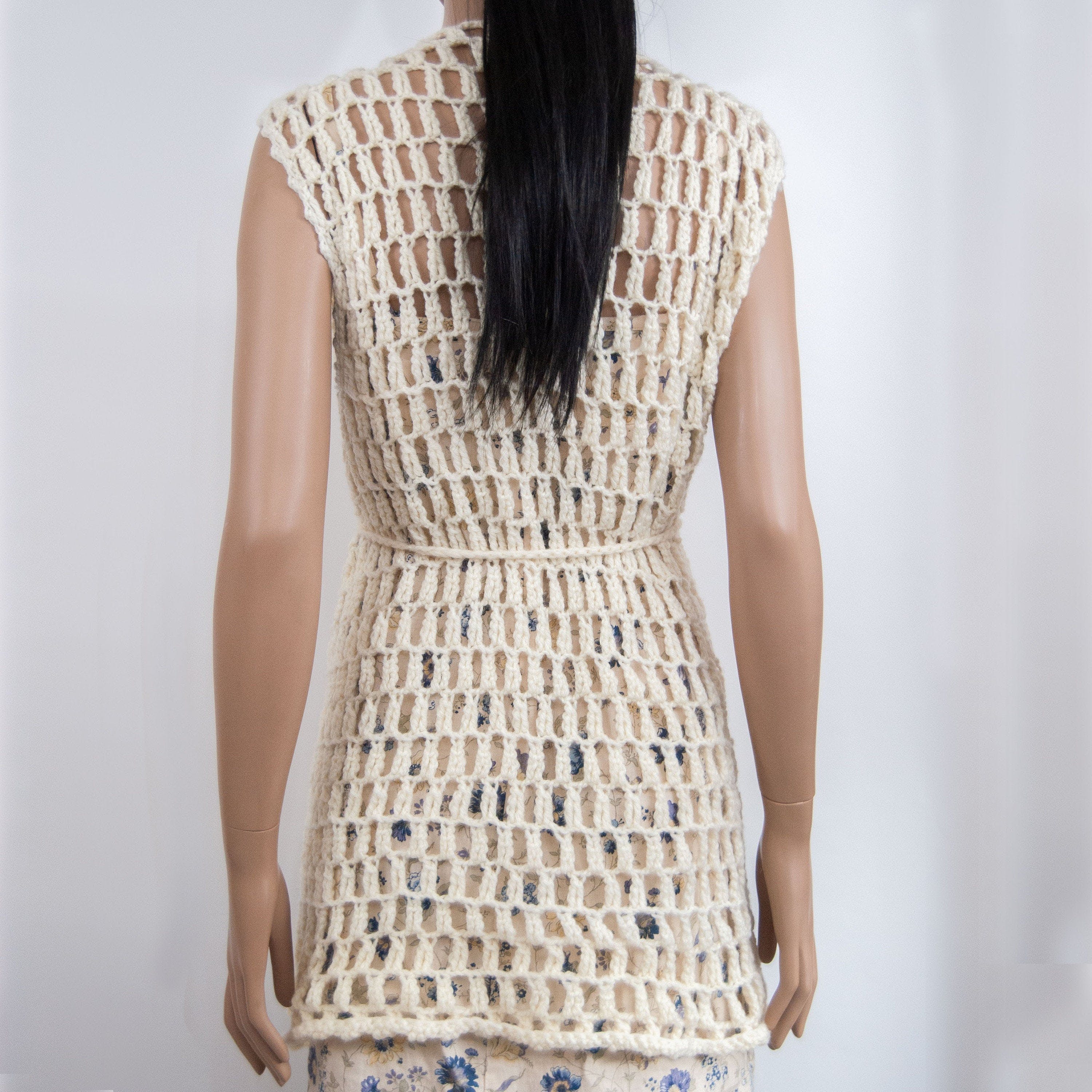 Vintage 70 s Cream Hand Knit Crochet Vest by handmade Shop THRILLING