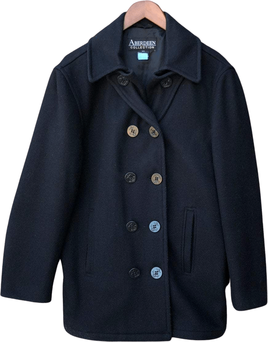 Vintage black wool peacoat nautical anchor buttons cheapest 90s grunge goth gothic 1990s Aberdeen Collection Pea Coat military Navy style 45 man gift