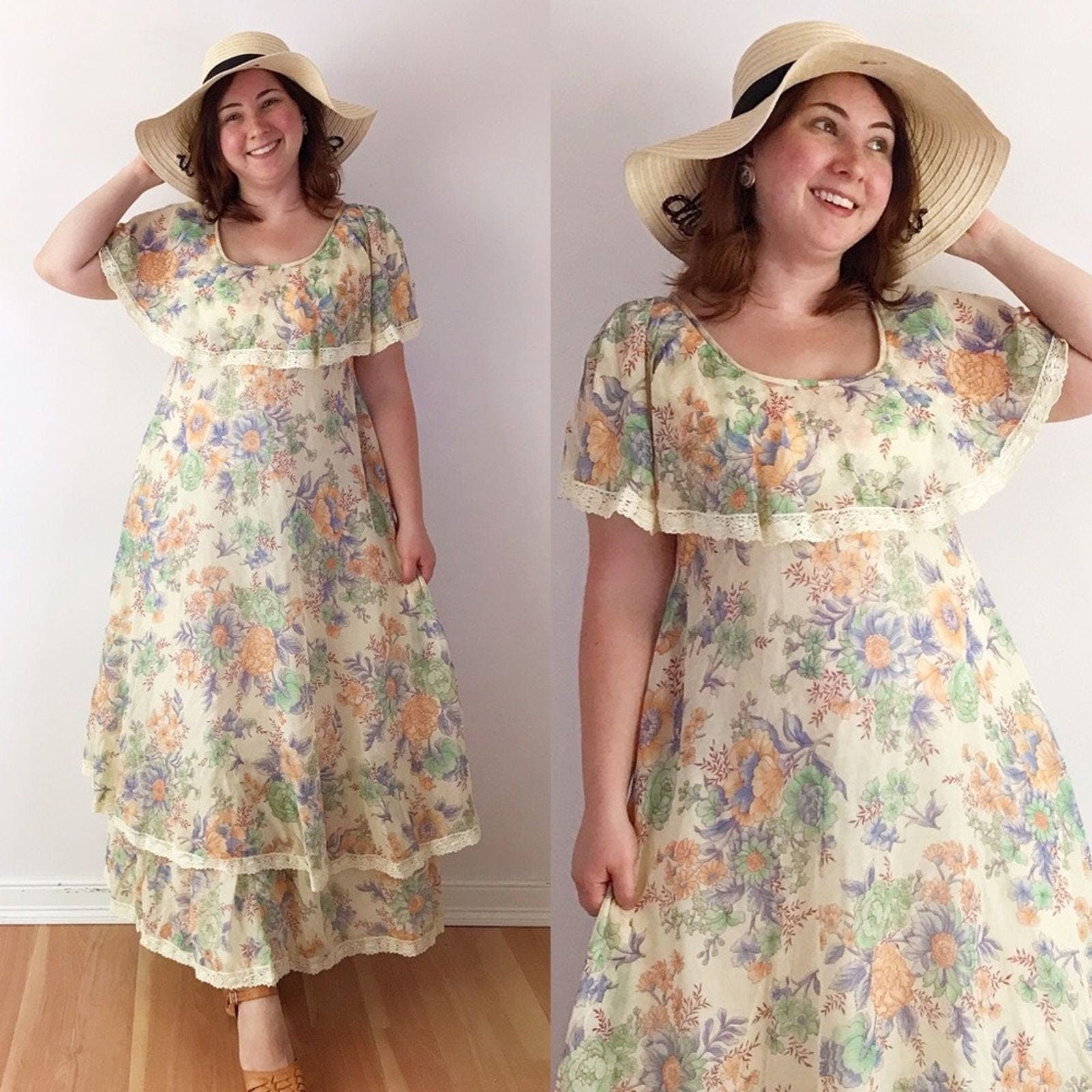 Vintage 70's Flutter Sleeve Floral Maxi Dress Shop THRILLING