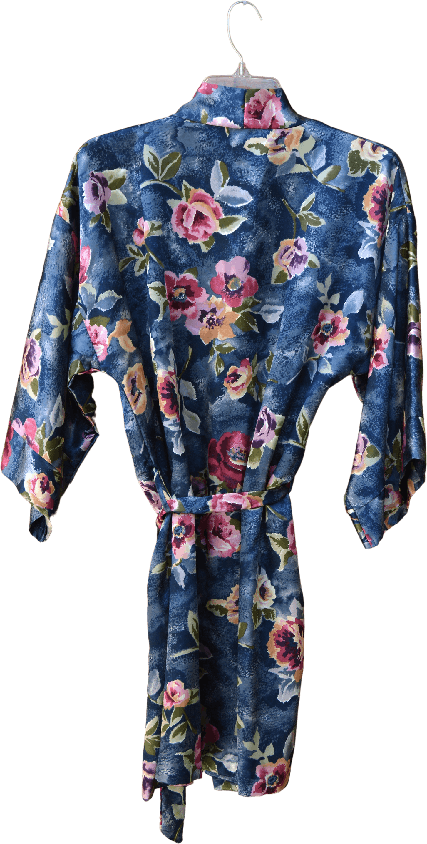 Vintage 90’s Blue Satin Rose Print Robe by California Dynasty Shop