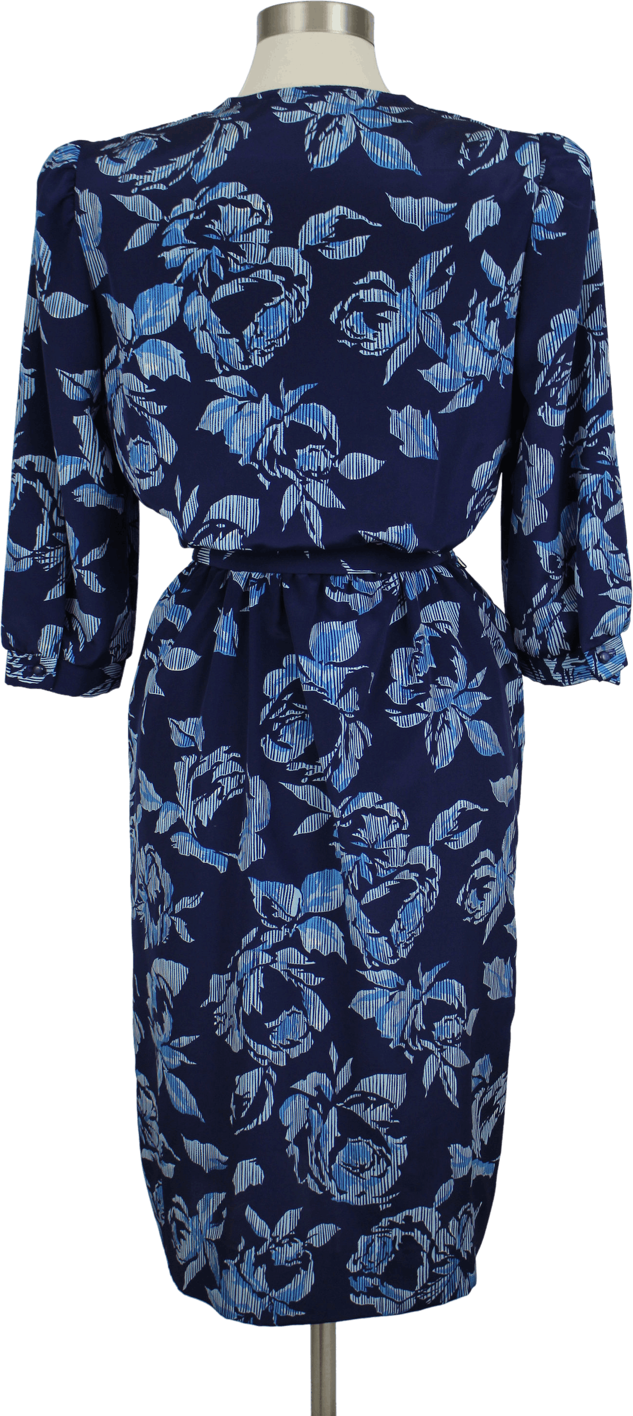 Vintage 80’s Two Tone Blue Floral Belted Faux Wrap Dress by Alison