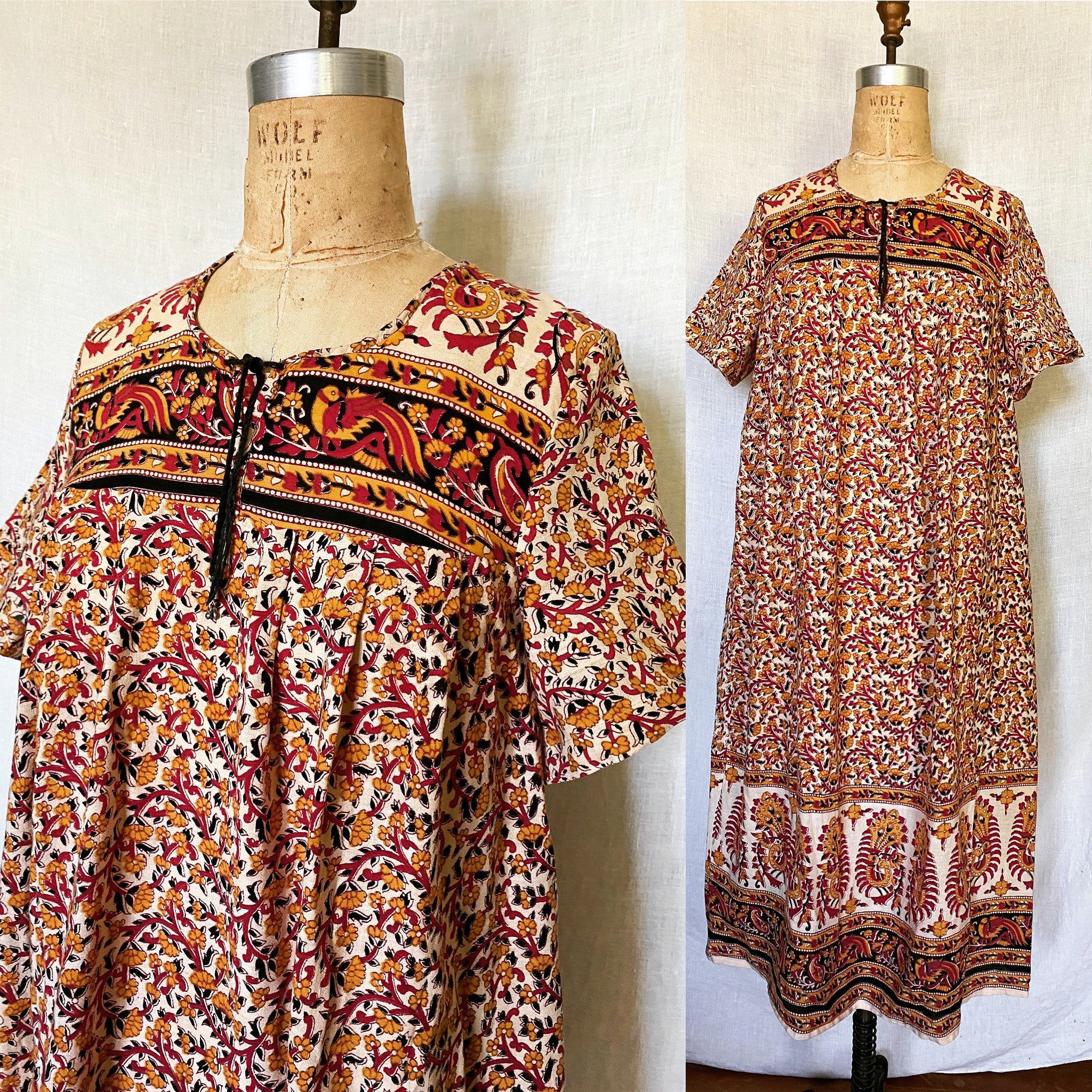 VTG 60s Indian Block Print Mini Dress, Hippie Dress from Western Costume XS/S main image 0
