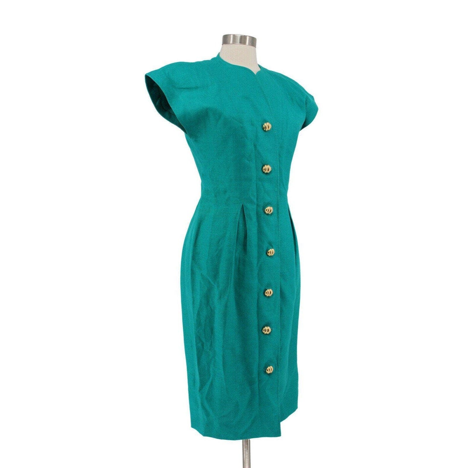 Vintage 90s Green Linen Cap Sleeve Button Down Coat Dress by Liz