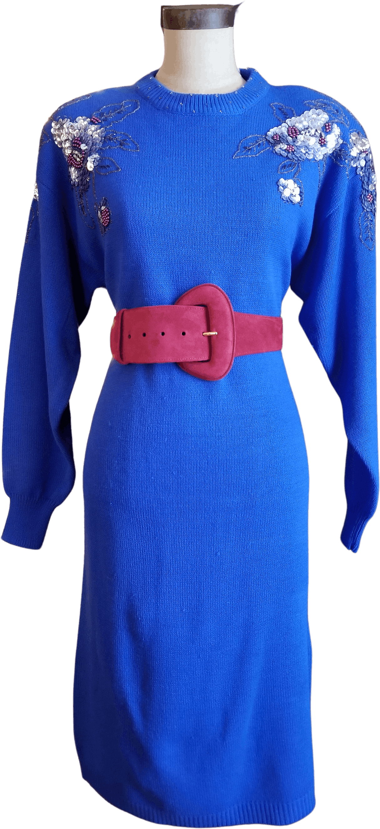 Vintage 80s Cobalt Blue Knit Midi Dress With Sequin Floral Shoulder By Larisa Shop Thrilling 