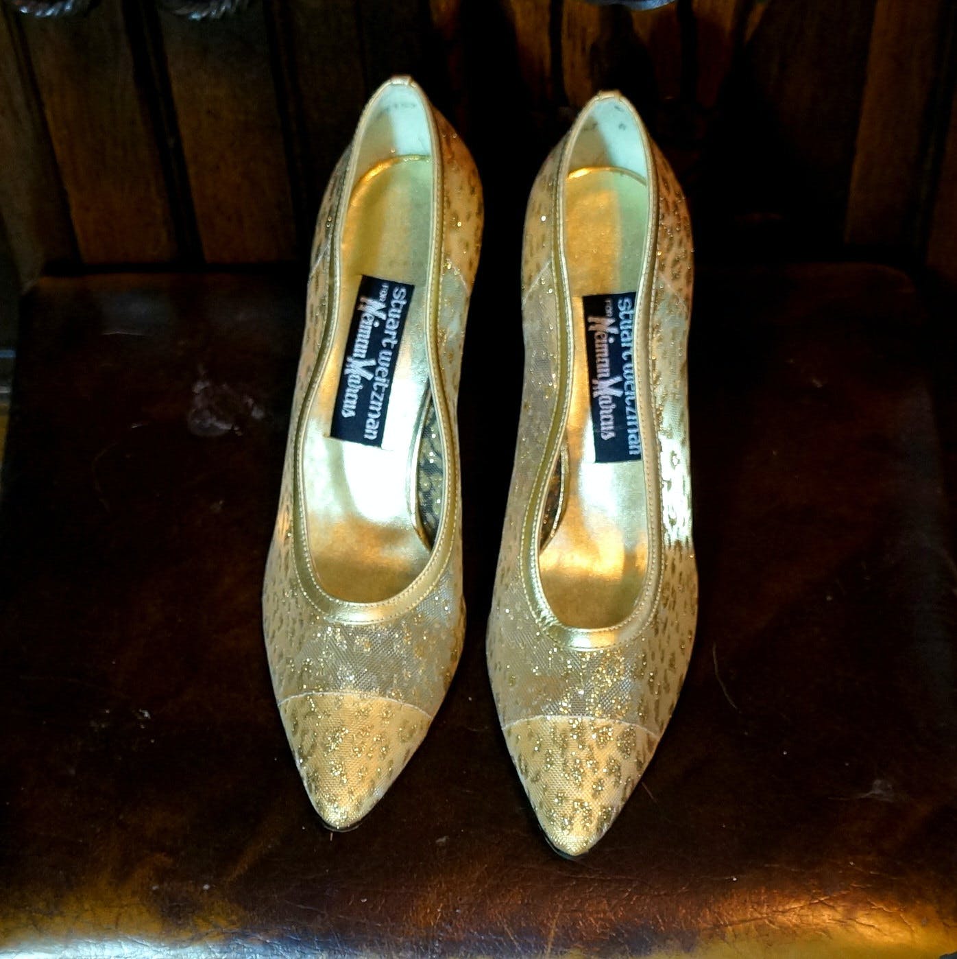 Vintage Mesh, Leather and Gold Glitter Heels by Stuart Weitzman | Shop THRILLING