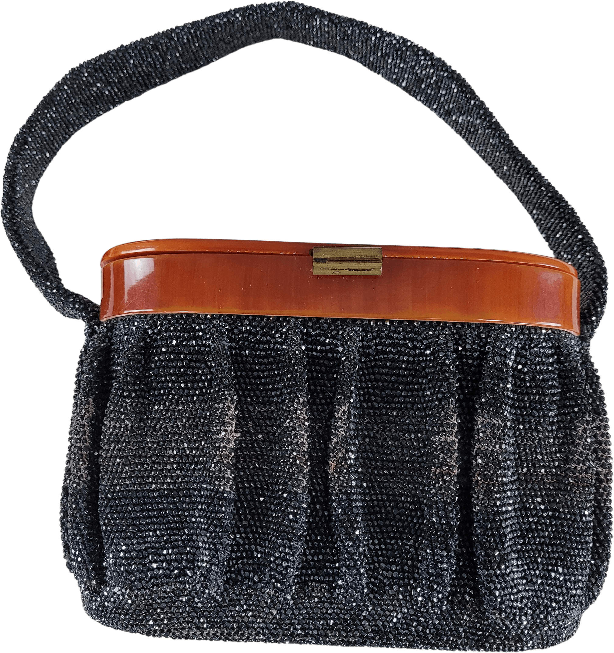 Vintage 40s Beaded Black Beaded Top Handle Purse Bakelite Top By Fes