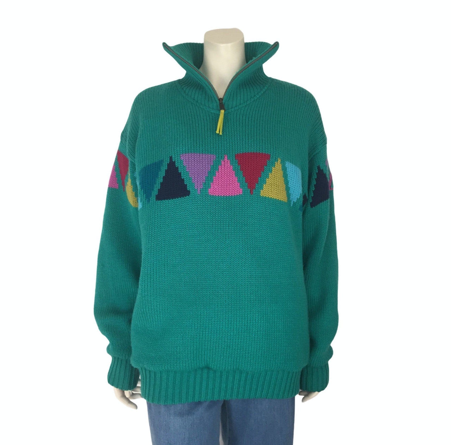80’s/90’s Green Rainbow Wool Pullover Ski Sweater Jacket by SOS