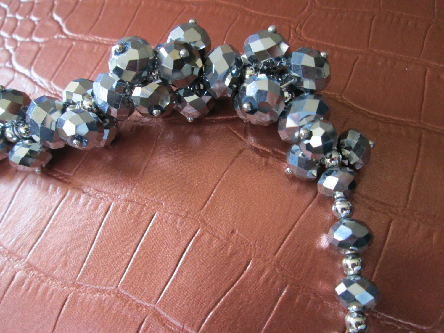 70s Gothic gemstone necklace| Vintage Opulent silver-colored chain necklace