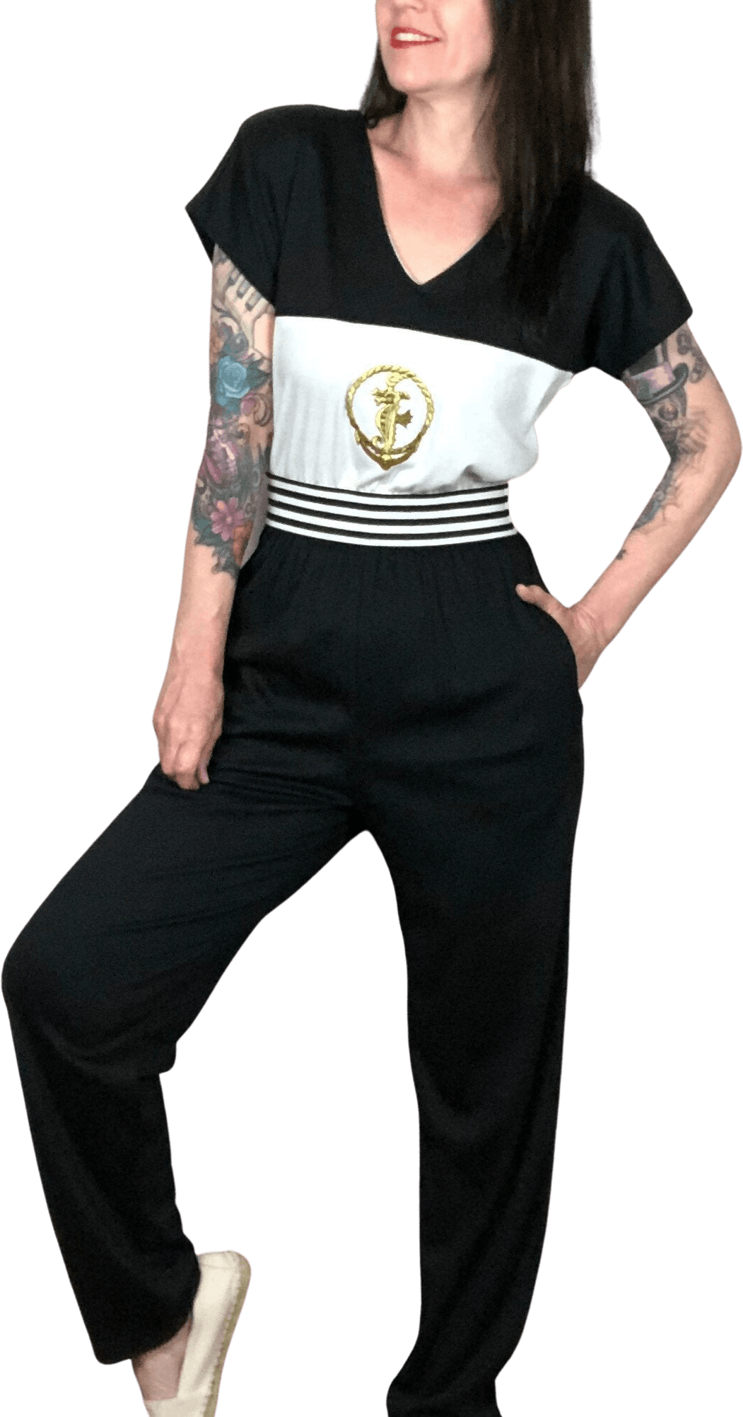 Vintage 80s Black And White Nautical Jumpsuit By Dotti Shop THRILLING