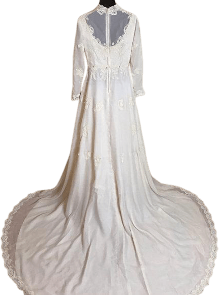 Vintage 70s Victorian Style Ivory Lace Wedding Dress With Long Train Shop Thrilling 3586