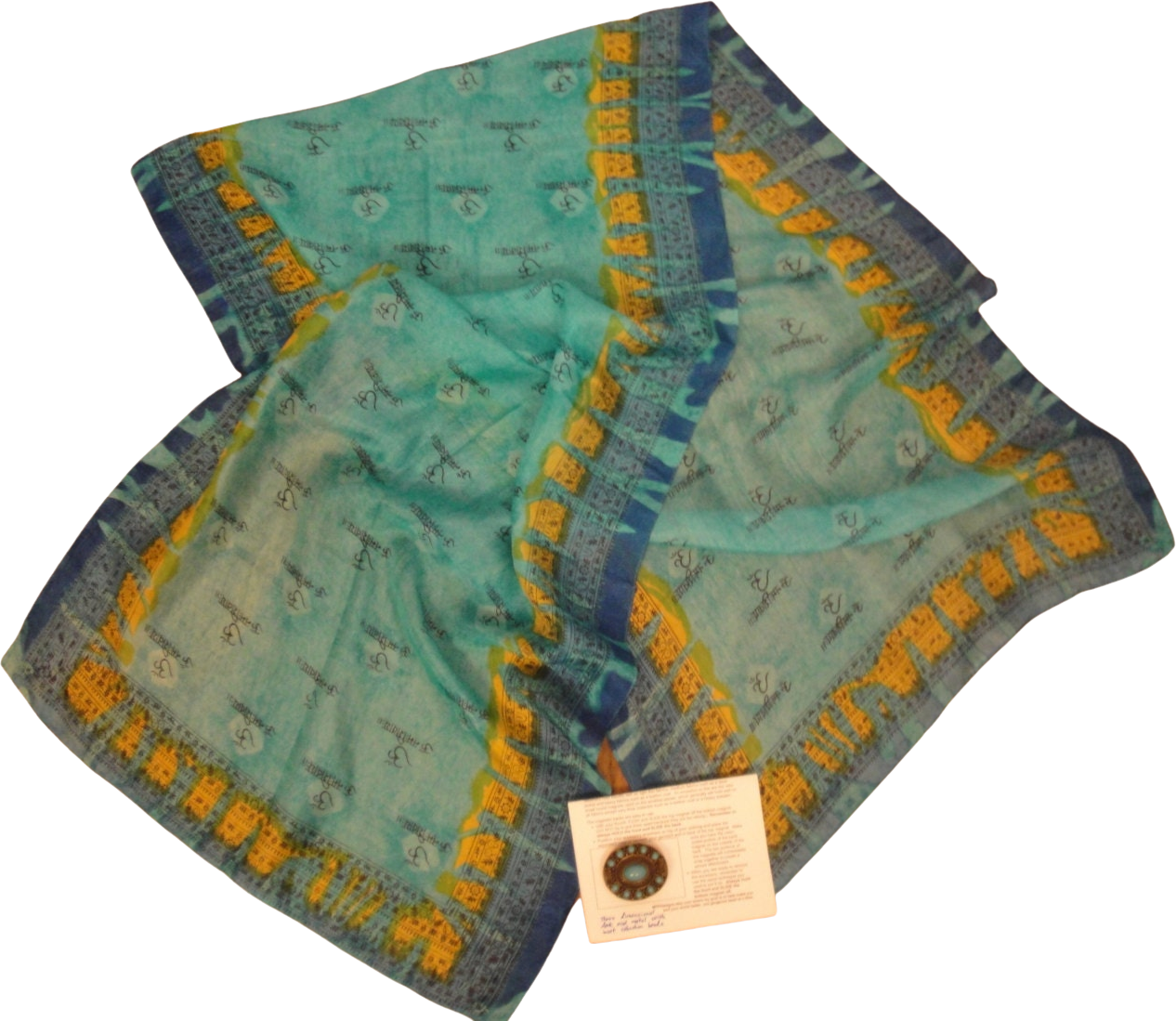 Oblong Scarf & Brooch Set, India Arts Sheer Silk 20 by 66 Inch, Made in  India, Ethnic Print, Teal/gold/blue/black, Bonus Magnetic Brooch 
