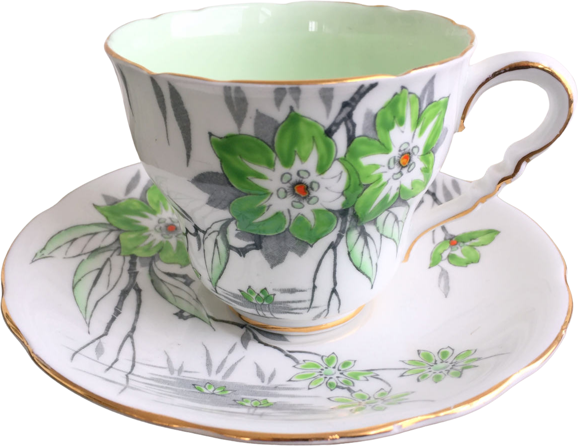 Vintage Teacup Tea Cup And Saucer Tropical Green Flowers English Bone Shop Thrilling 5408