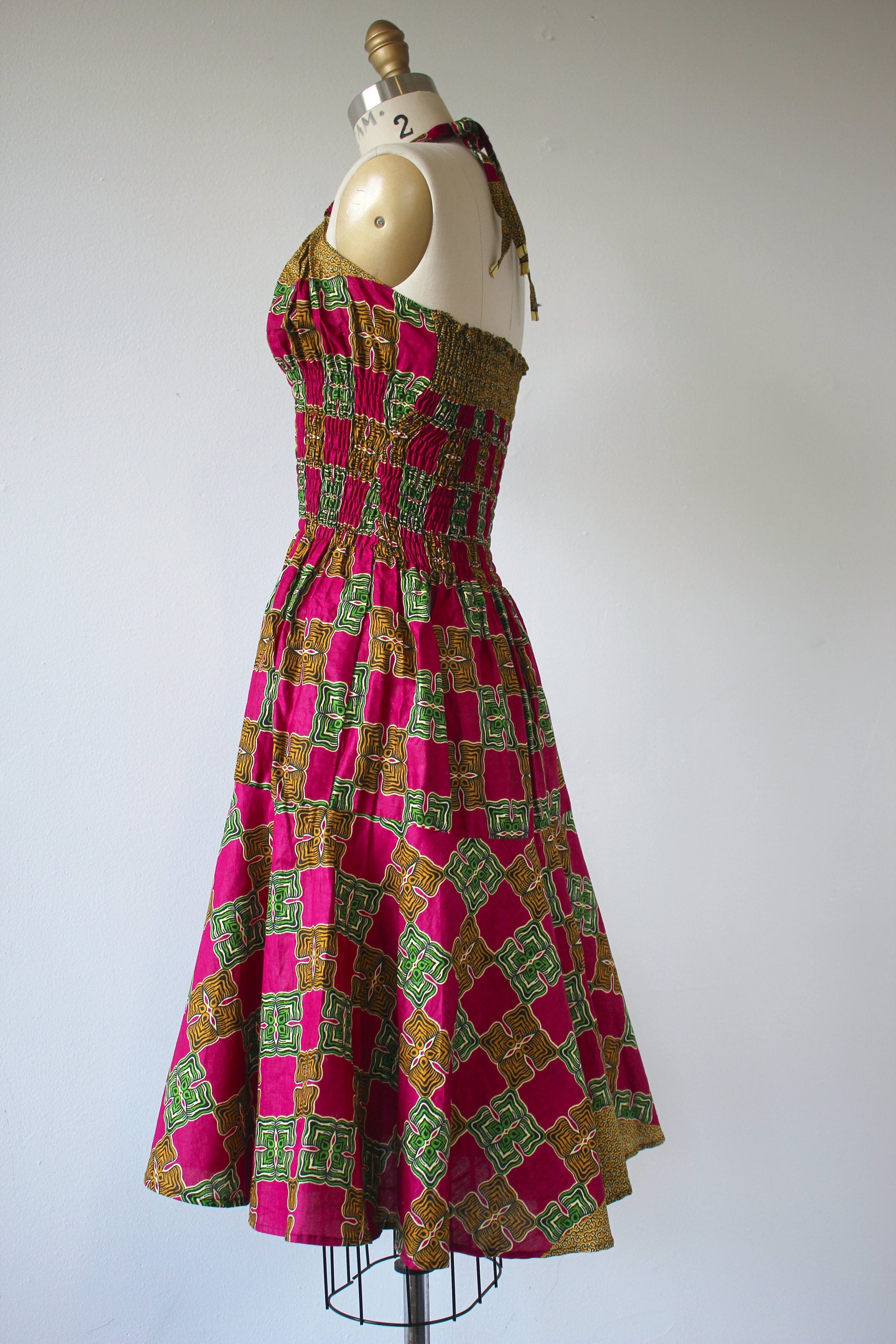 Fantastic 1970s Strapless Extended Multi Tie Bohemian Cotton Batik Print Dress