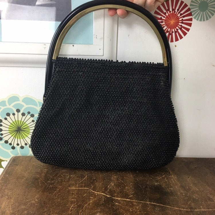 Vintage Black Beaded Purse 60s Plastic Micro Bead Bag Handbag Mid Cent