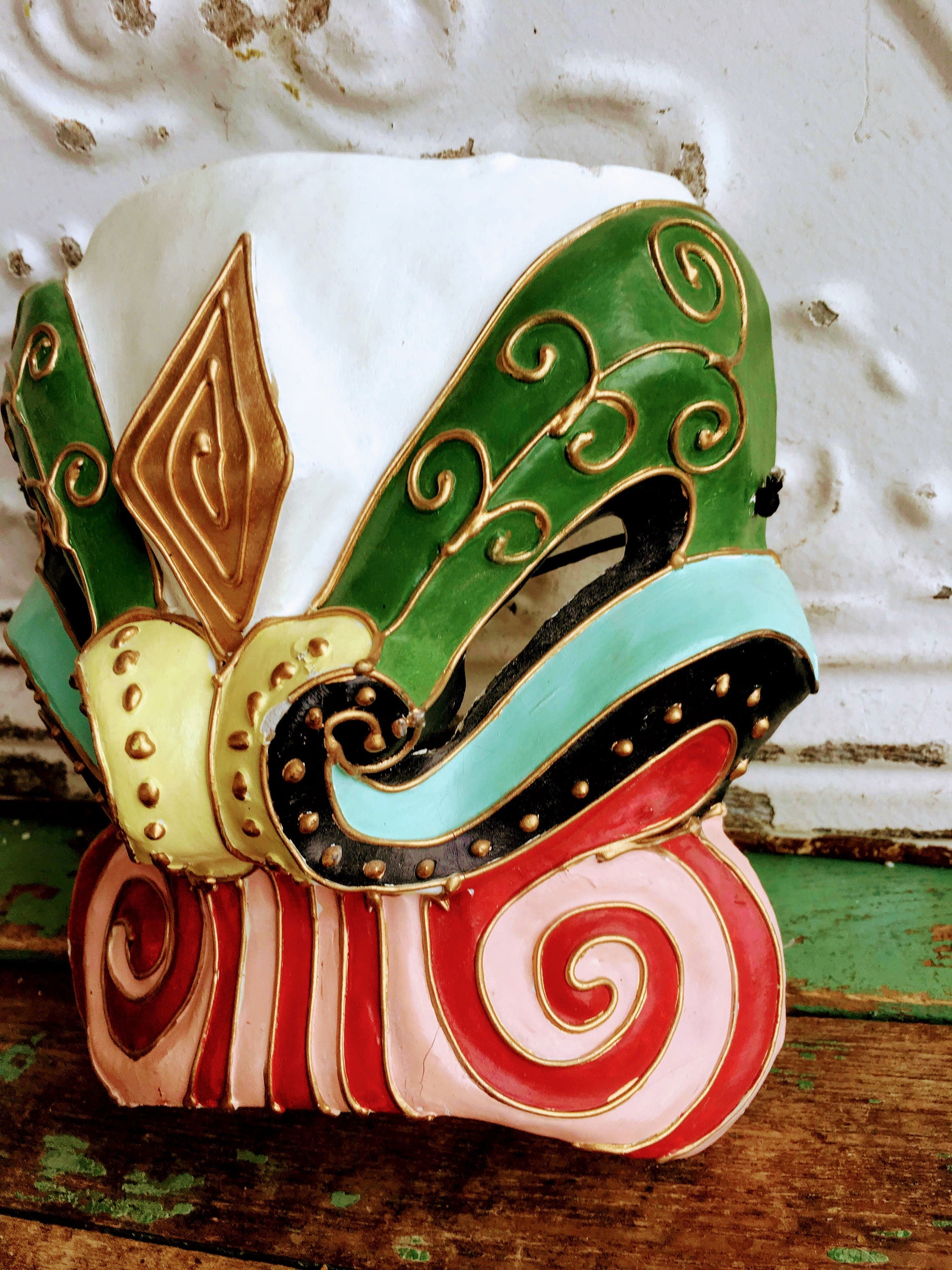 Vintage Opera Face Mask Paper Mache" Elephant Red Green and Gold Shop