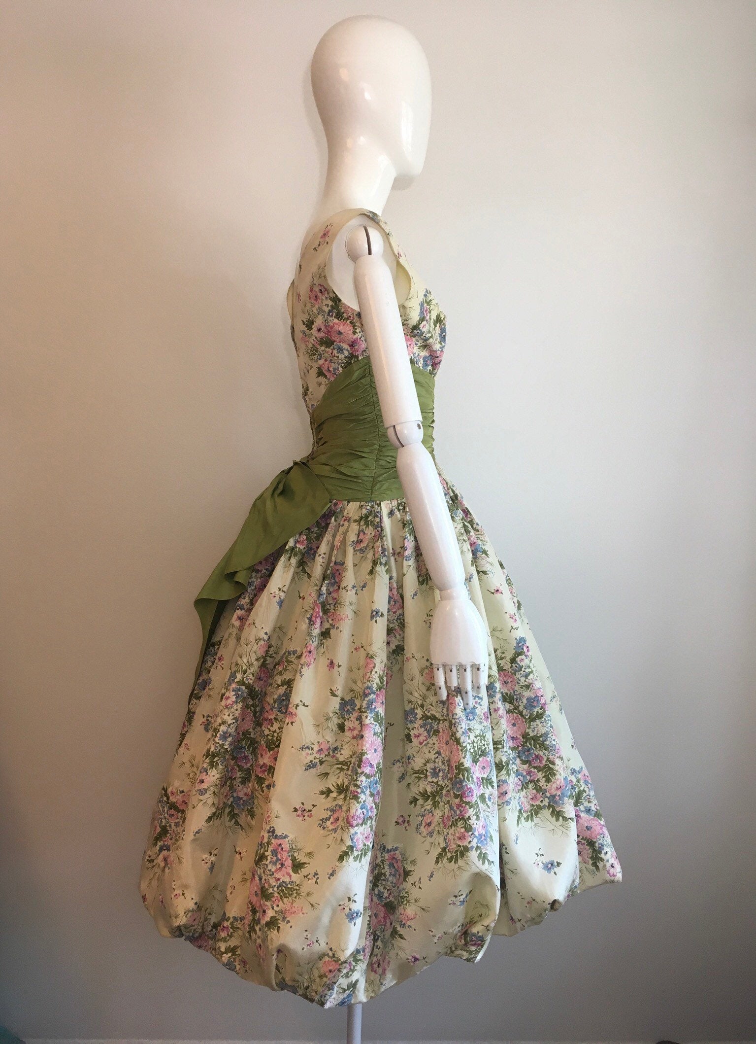 Vintage 50's Floral Bubble Party Dress with Green Waist Sash Shop