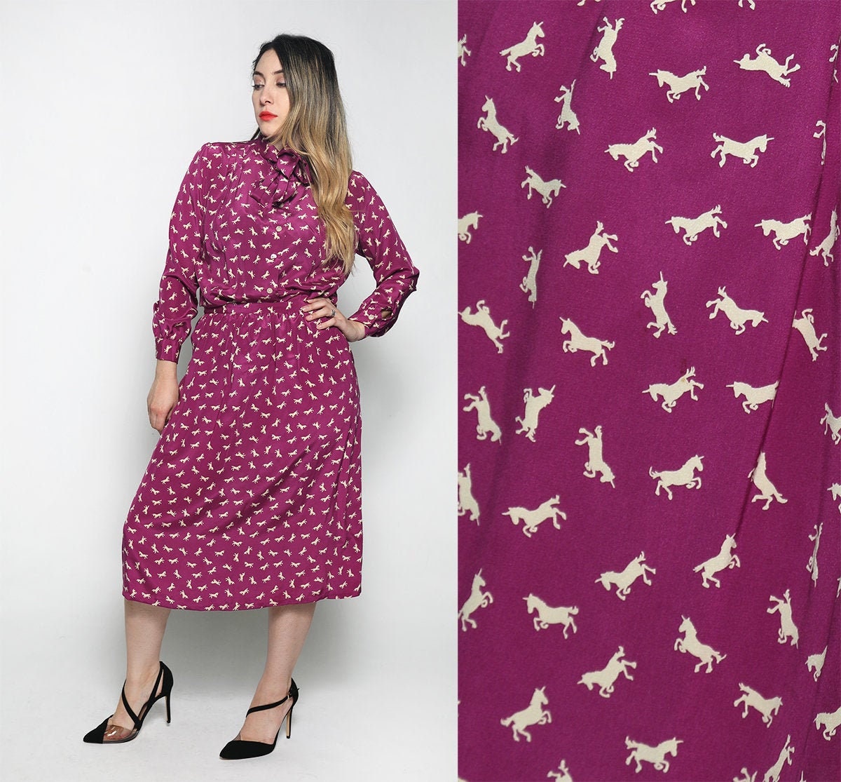 Vintage Unicorn Print Silk Skirt and Blouse Set 80s Grape Purple Cute ...