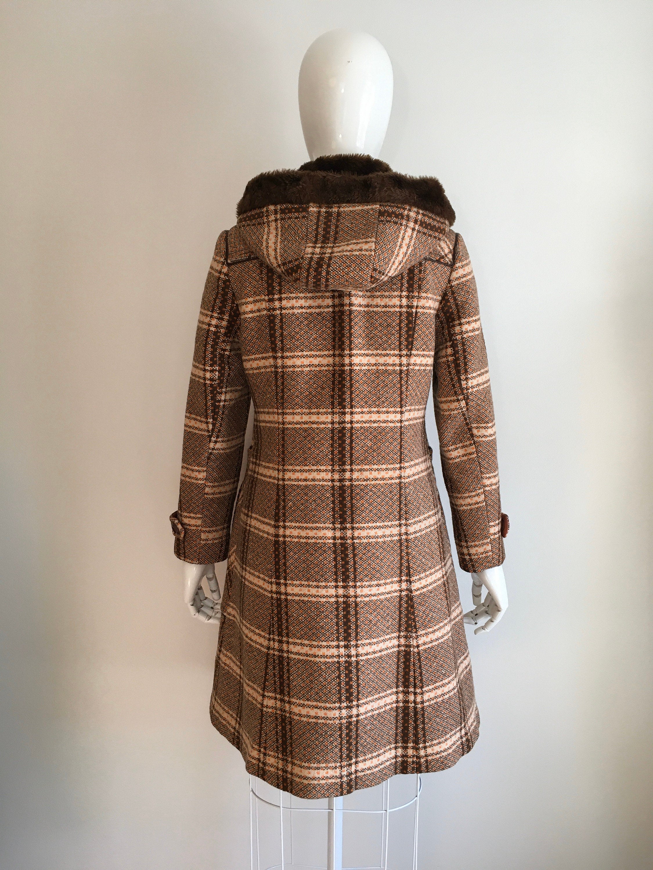 Vintage 60's/70's Brown Plaid Hooded Princess Duffle Coat by Caroline