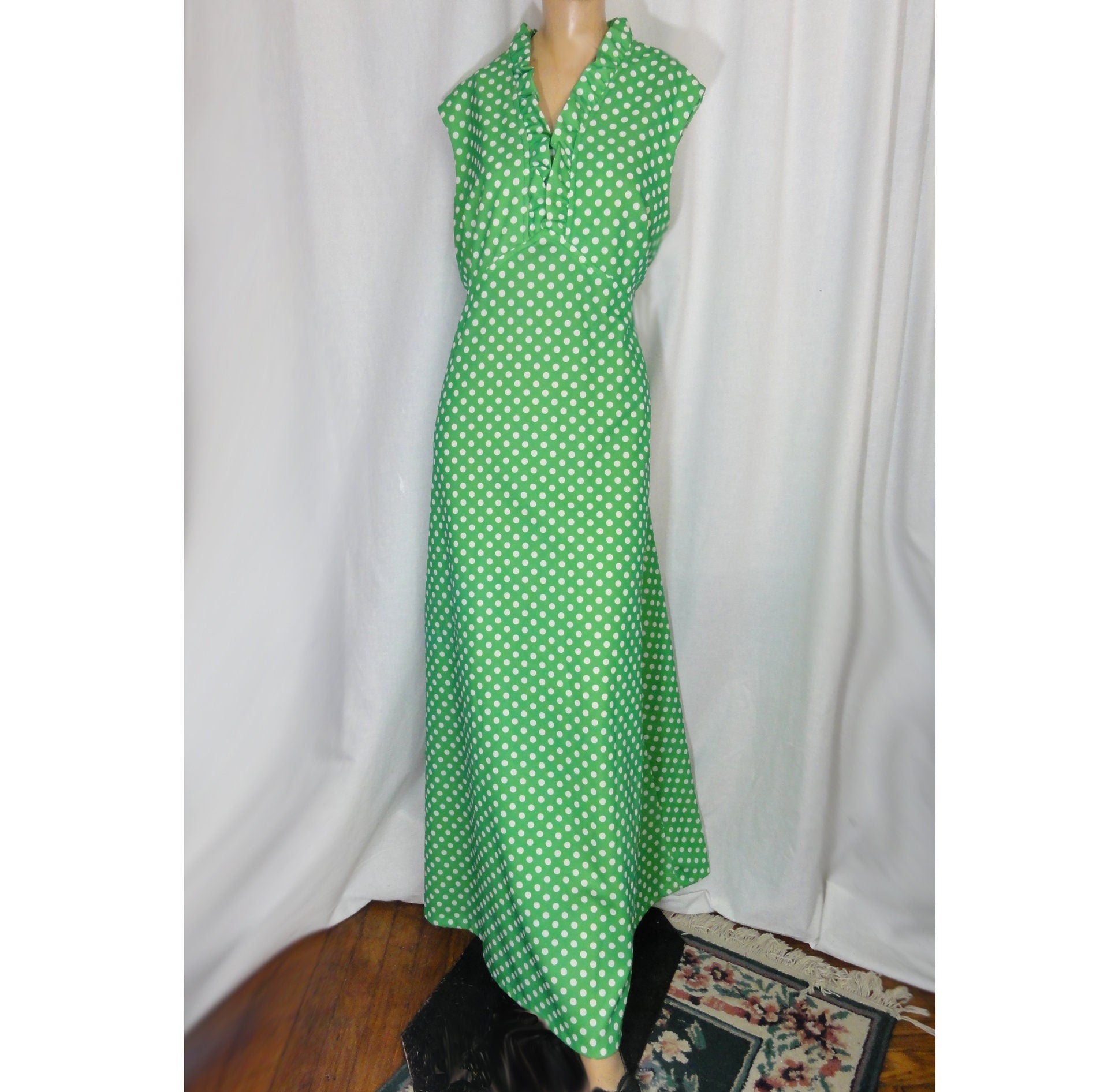 Vintage 70s Cotton Dress Lime Green Foliate Print XL