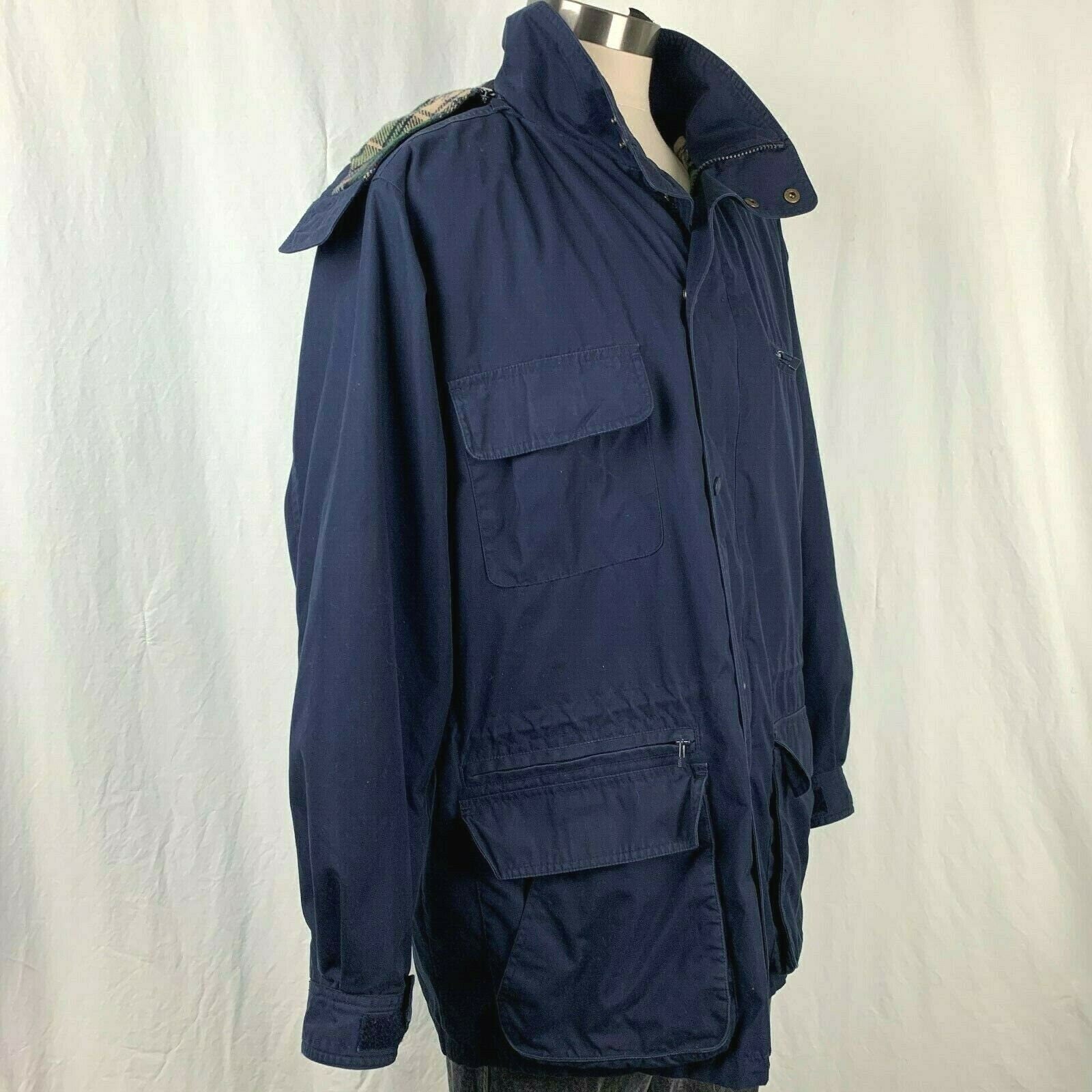 90s/00s Vintage Eddie Bauer Jacket L Navy Blue Plaid Wool Lined
