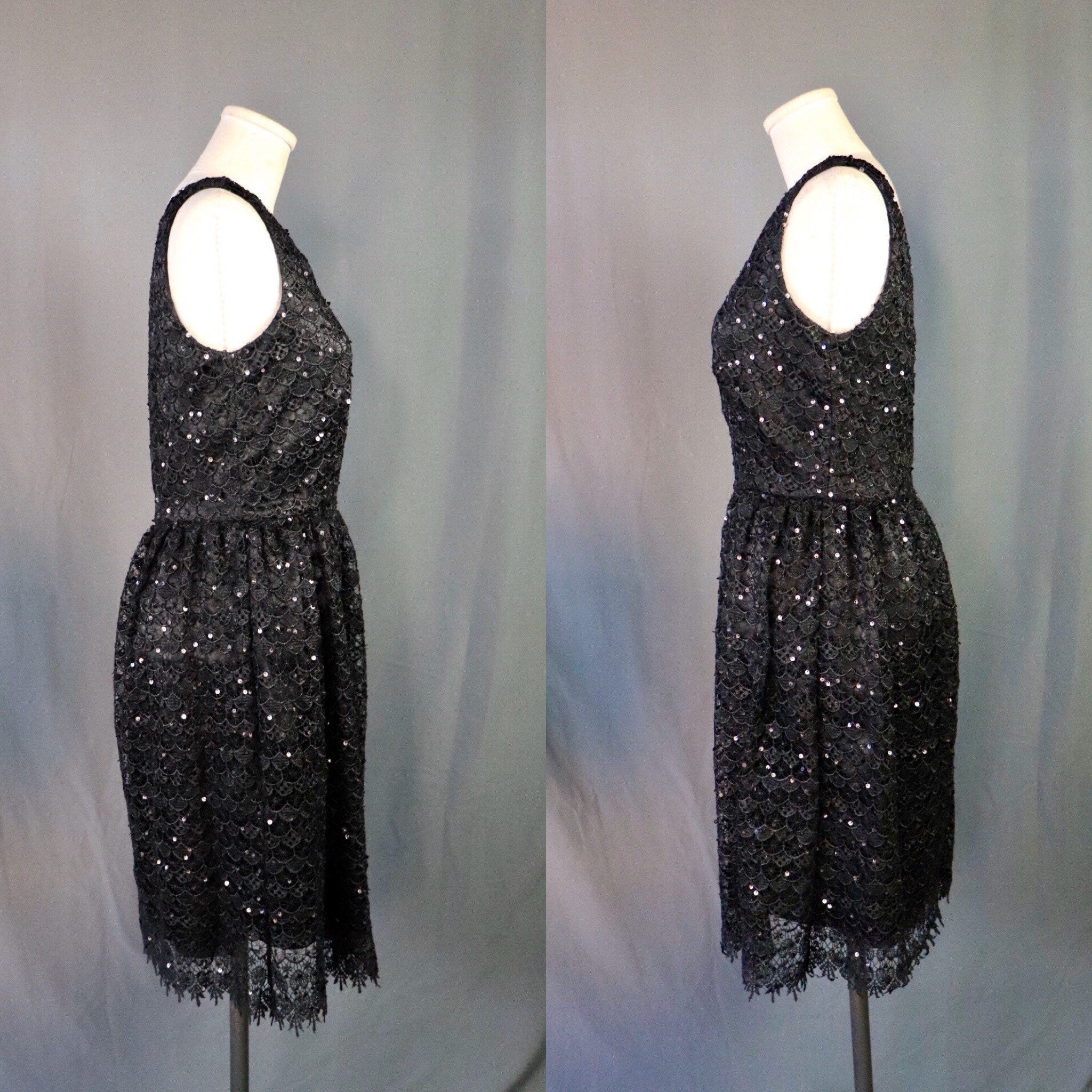 Vintage 90’s Black Lace and Sequin Midi Cocktail Dress