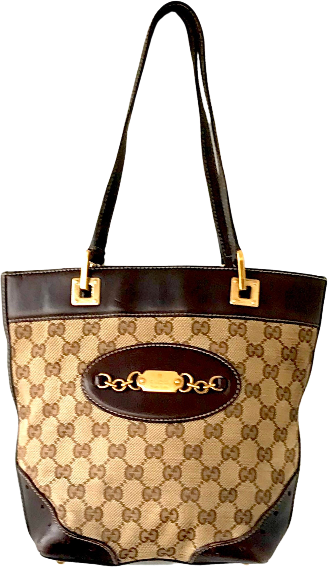 Vintage Gucci GG Logo Canvas Leather Horsebit Bucket Bag With 