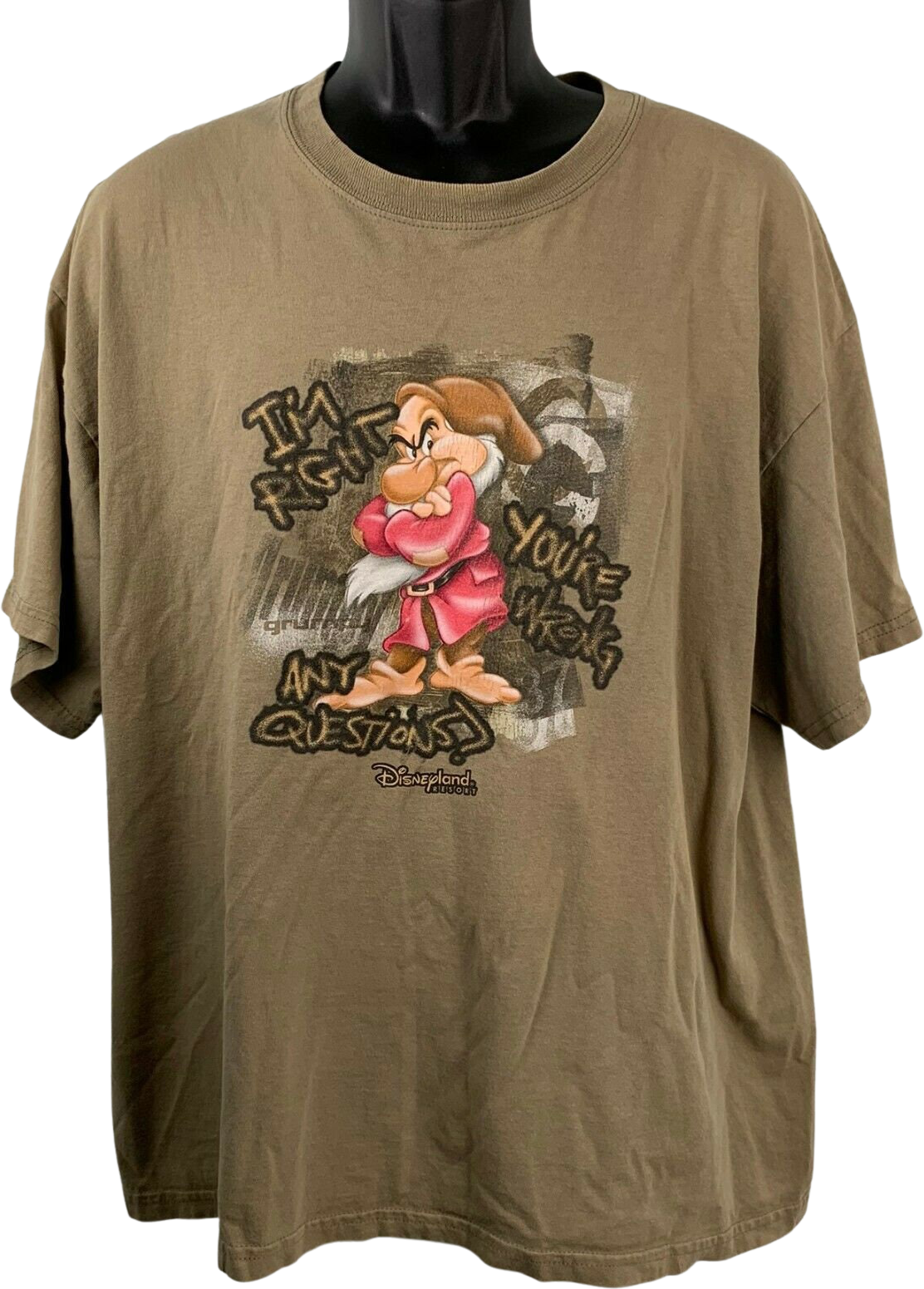 90s Vintage Disneyland Resort T-Shirt Xl Tan Grumpy Dwarf Crew Neck Sh
