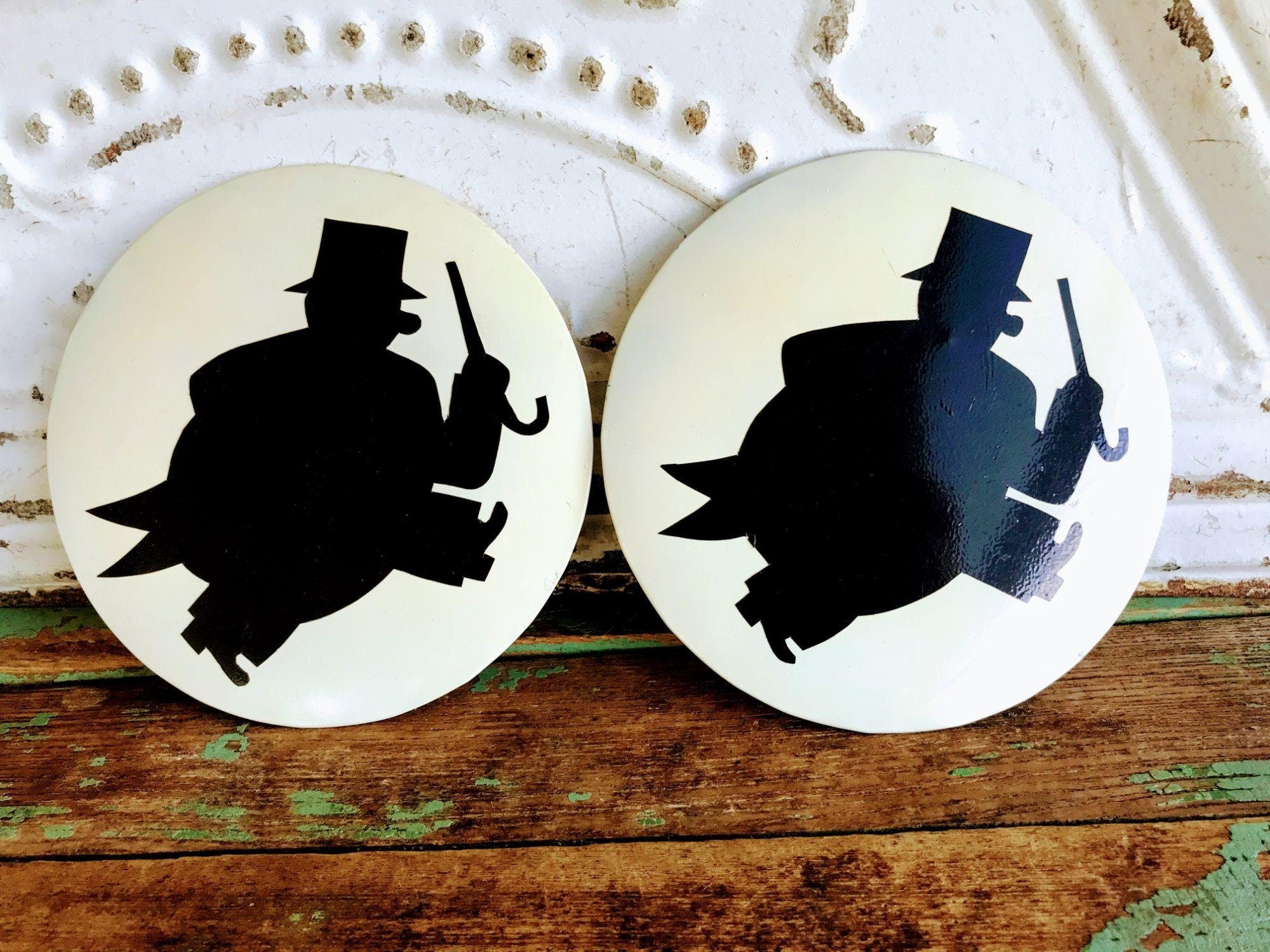 Vintage Large Silhouette Badge Button Pins Man Top Hat Cane Shop THRILLING