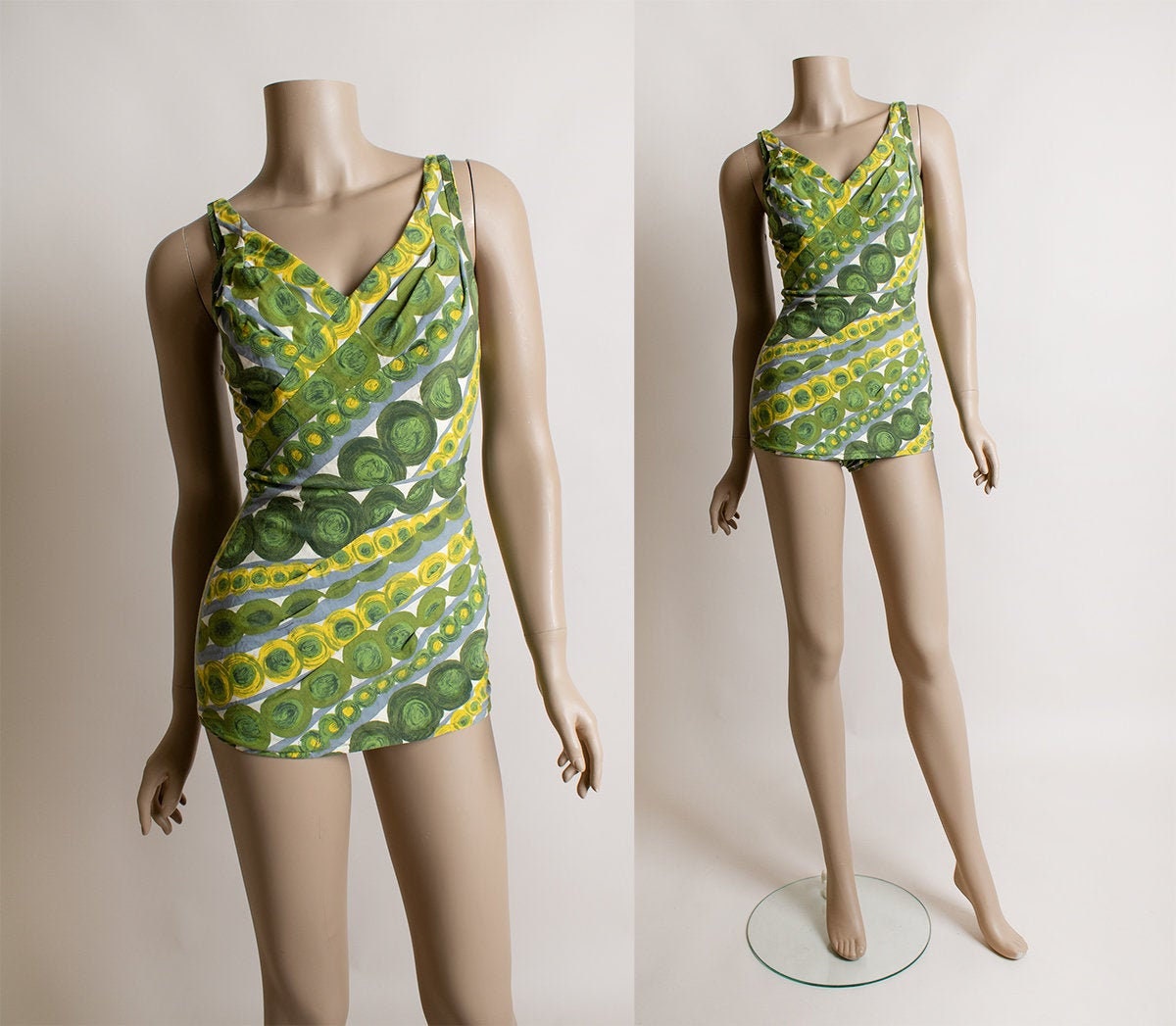 Vintage 50s Bathing Suit Green and Yellow Circle Swirl Asymmetrical Sw — free download