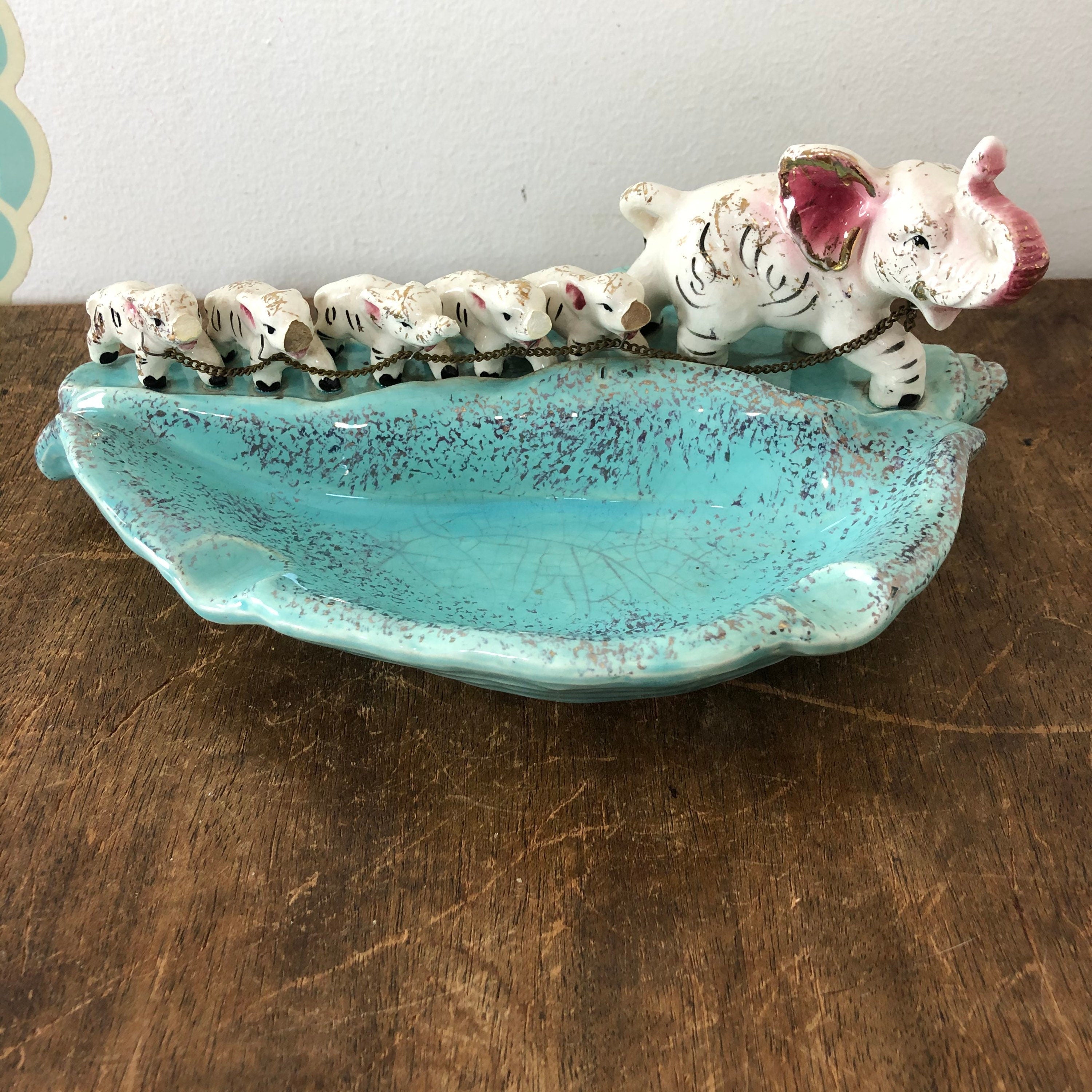 Vintage Elephant Family Ashtray 50s Aqua and Gold Novelty Ash Tray, Mi