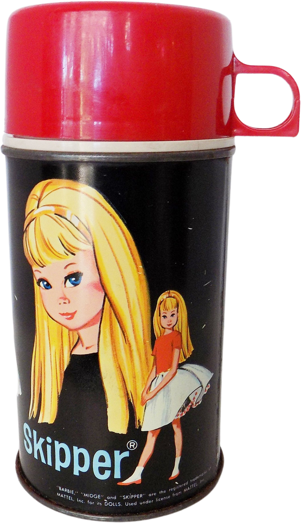 Vintage 1965 Black Thermos with Barbie Midge and Skipper Complete