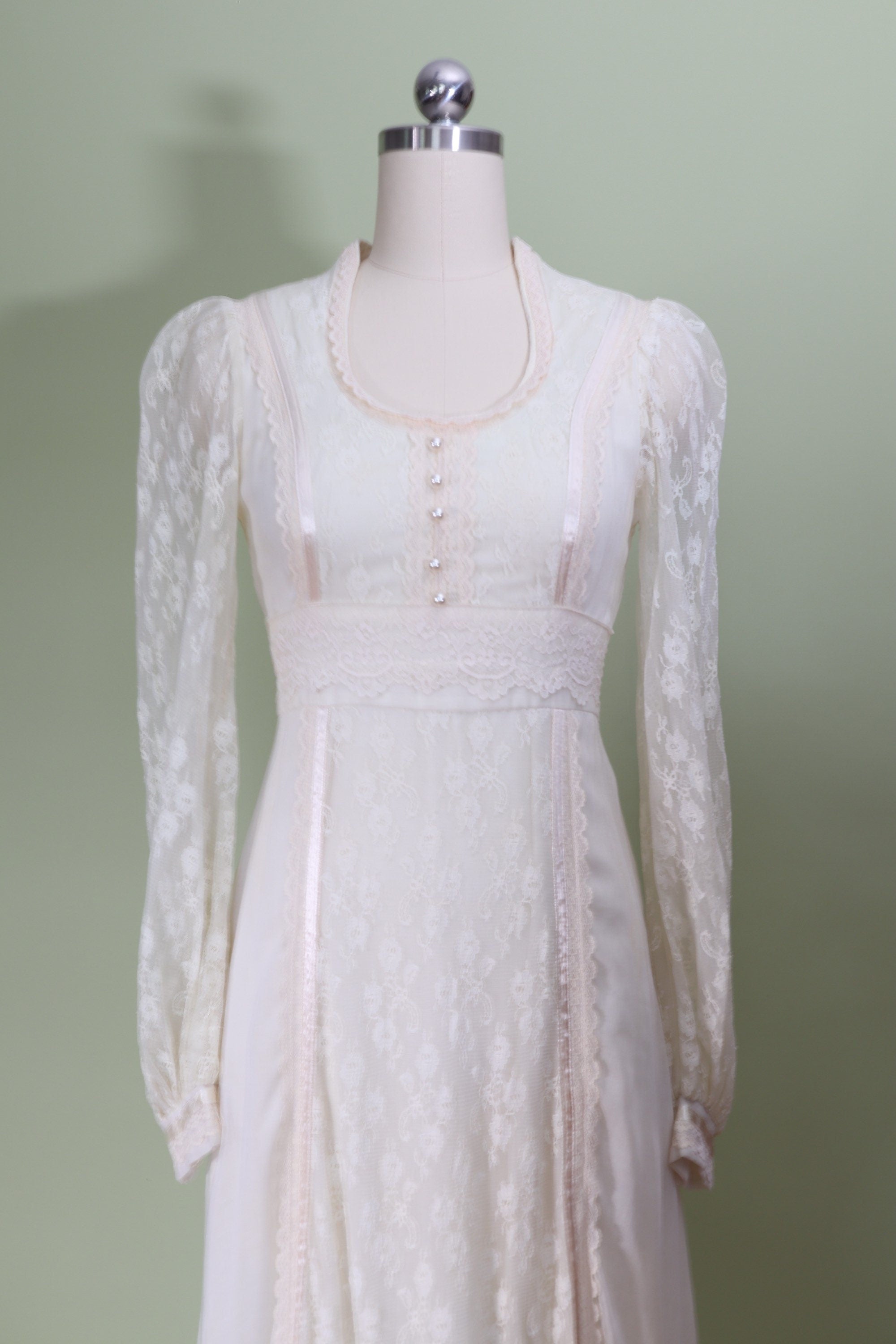 Vintage 70s White Lace Pearl Buttons Prairie Maxi Long Sleeve Dress by ...