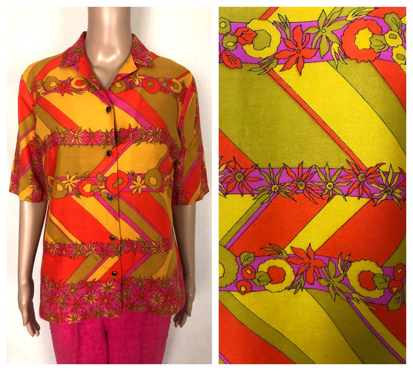 VINTAGE 60s 70s BLUE RED ORANGE PSYCHEDELIC ABSTRACT DOTTY MOD BLOUSE TOP 16