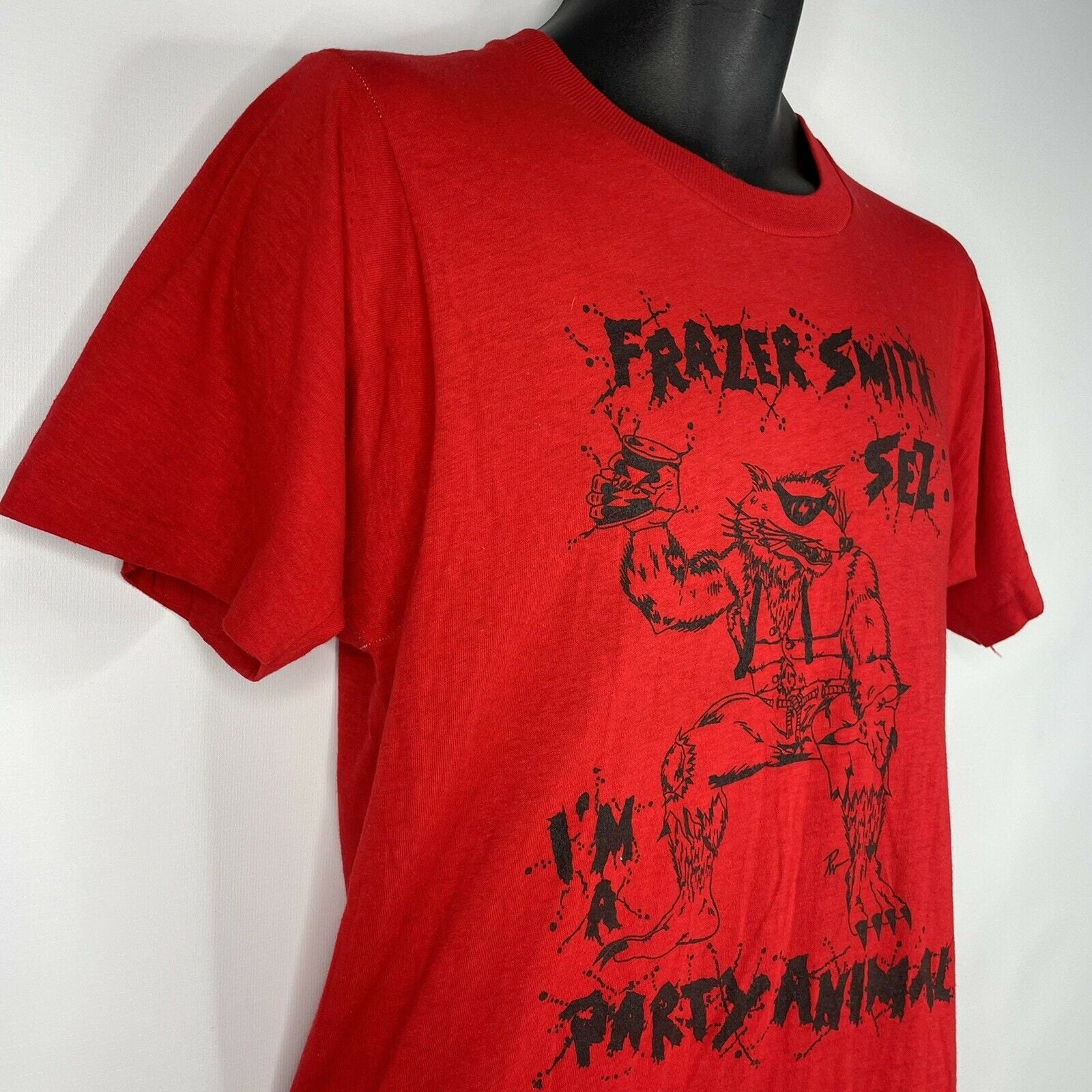 Vintage 80s Klos 95. 5 Frazer Smith Sez I'm a Party Animal Red T-Shirt |  Shop THRILLING