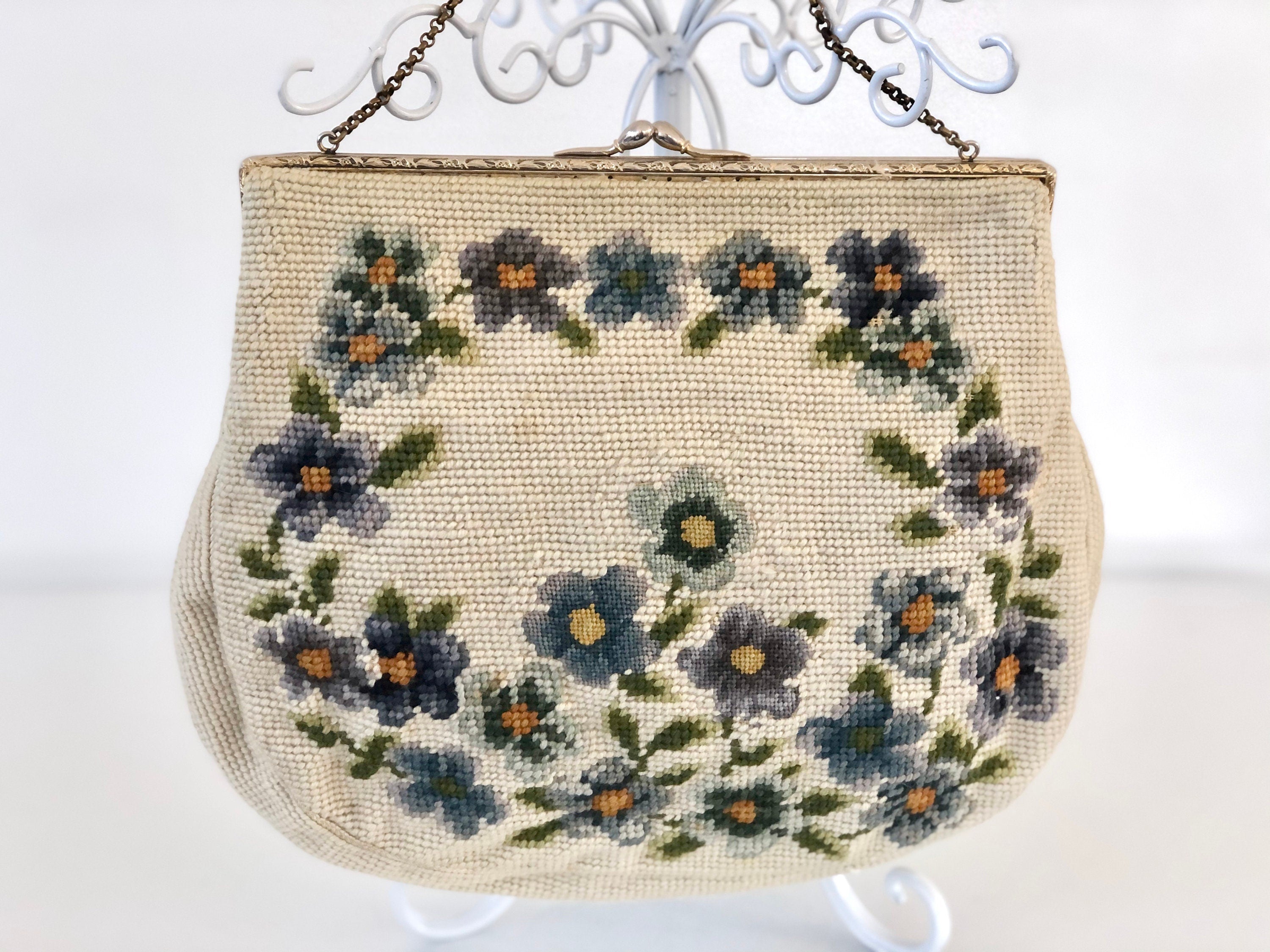Vintage Needlepoint Bag Purse with Metal Frame and Chain Handle