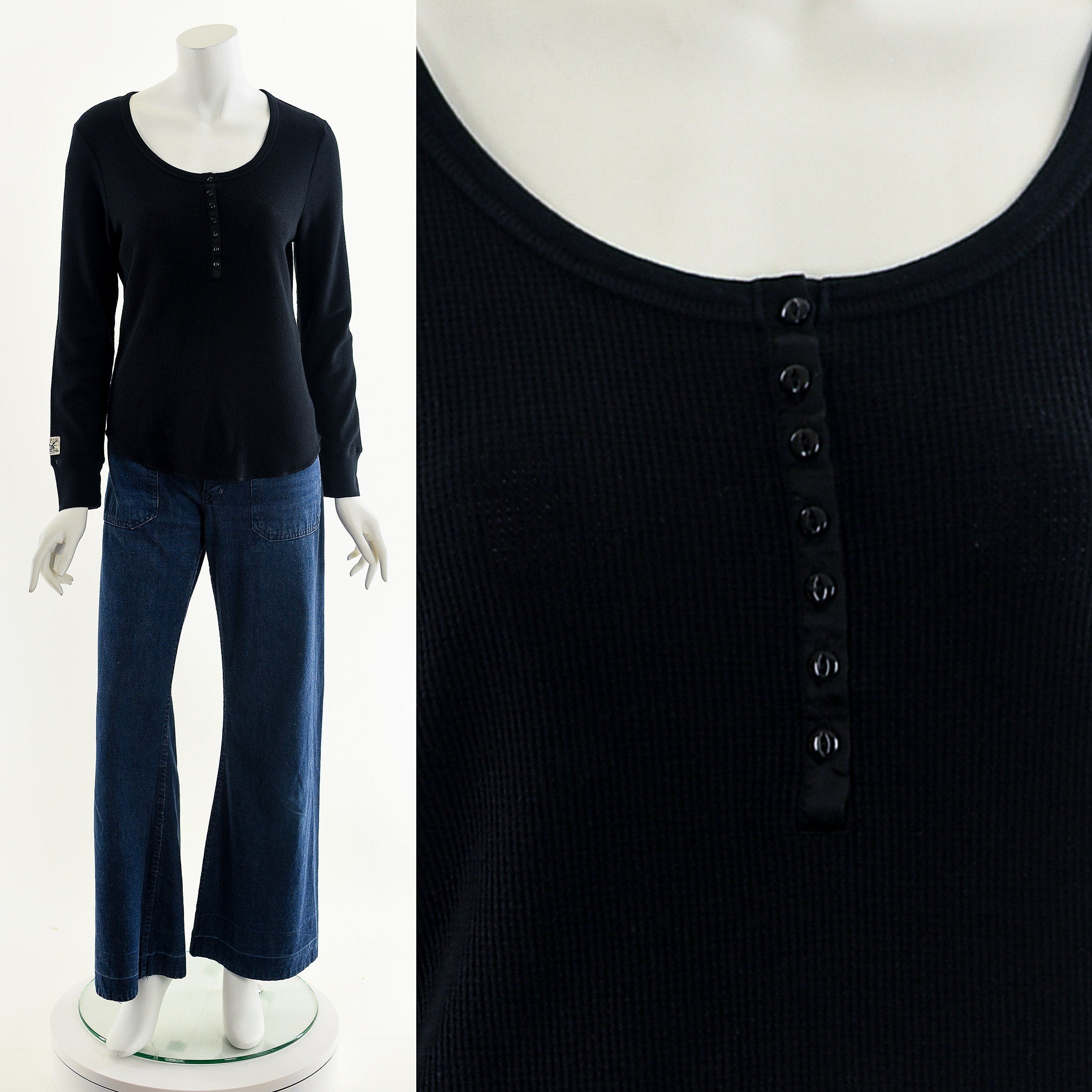 Vintage Black Waffle Knit Thermal Shirt Shop THRILLING