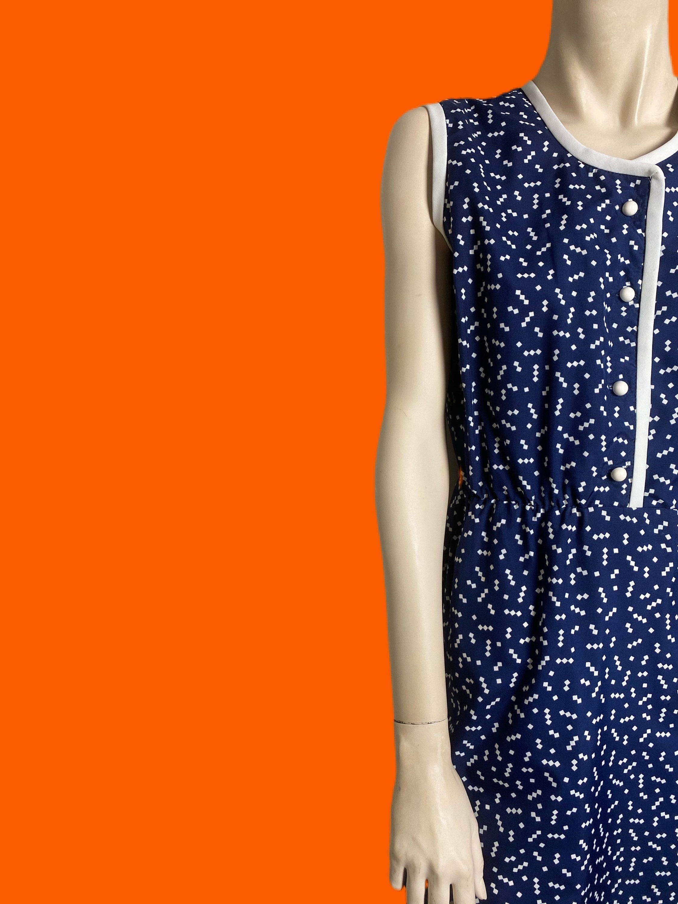 Vintage 70s Navy Blue and White Polka Dot Print Midi Dress | Shop THRILLING
