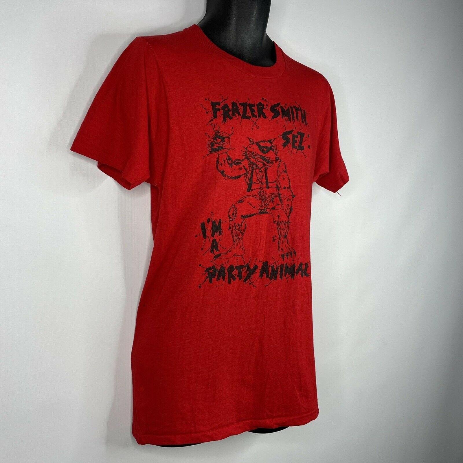 Vintage 80s Klos 95. 5 Frazer Smith Sez I'm a Party Animal Red T-Shirt |  Shop THRILLING