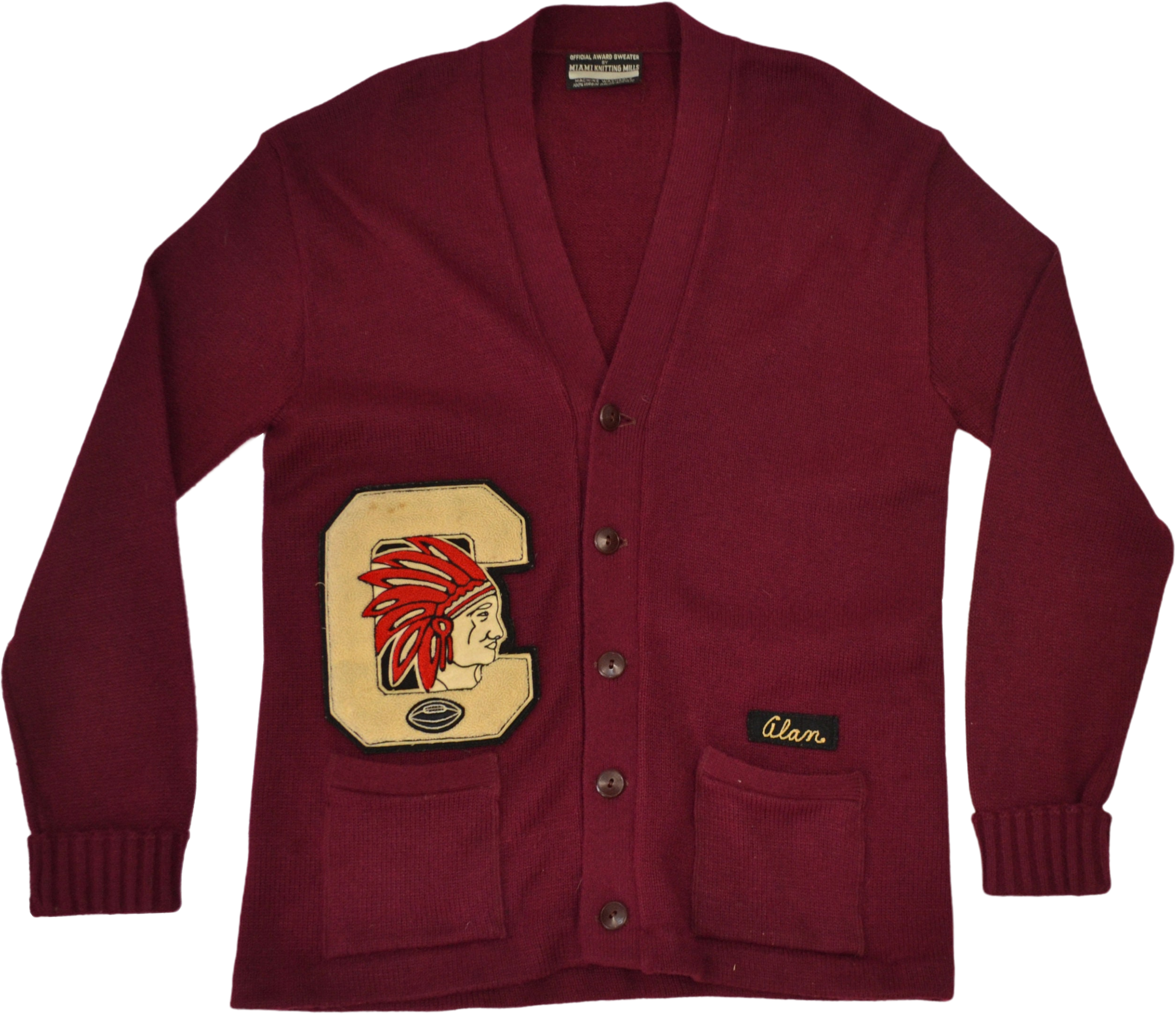 Vintage 60s Maroon Varsity Letterman Cardigan Sweater by Miami