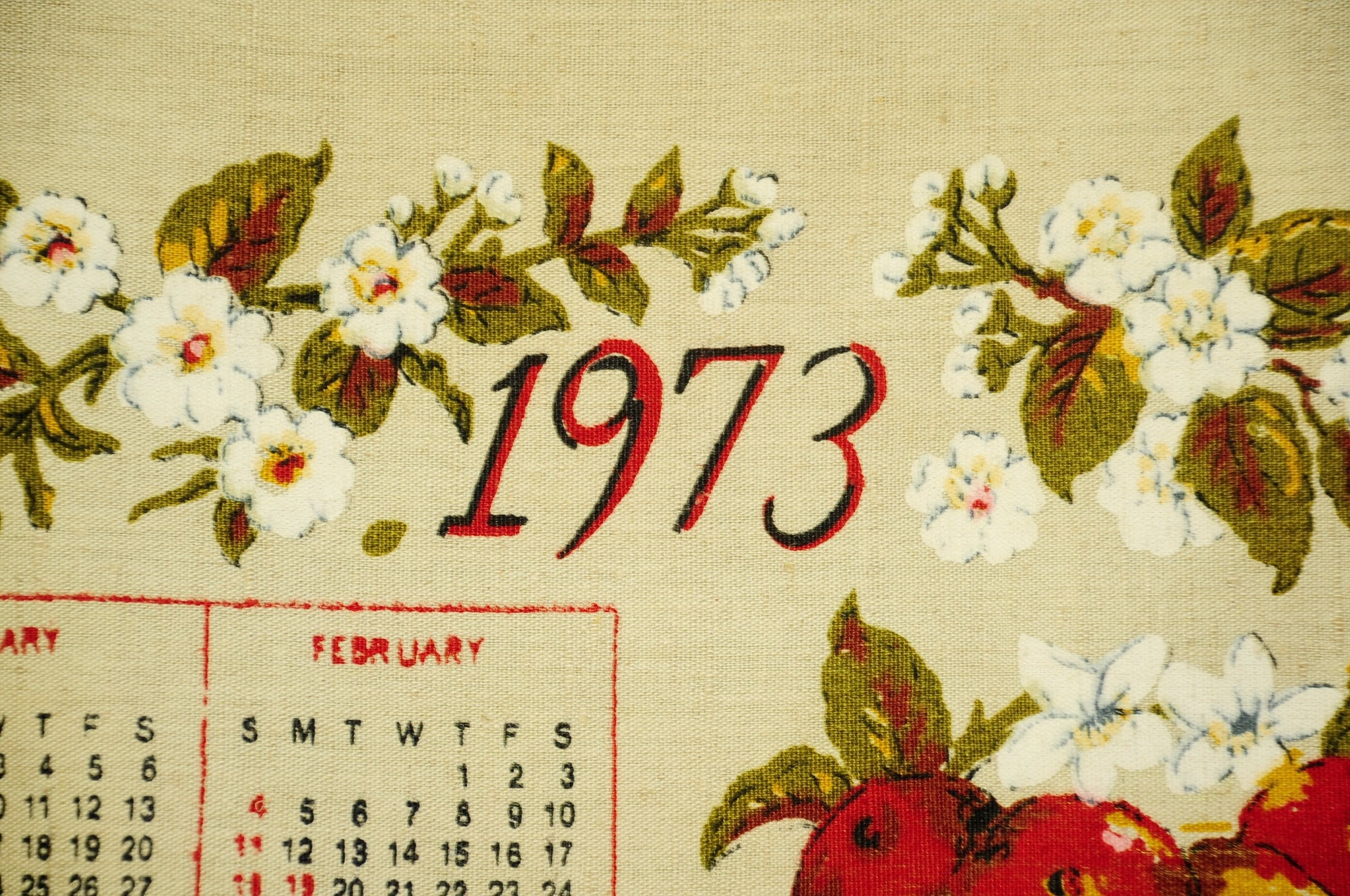 Vintage 1973 Calendar Tea Towel Apples Apple Blossoms Grapes Strawberr |  Shop THRILLING