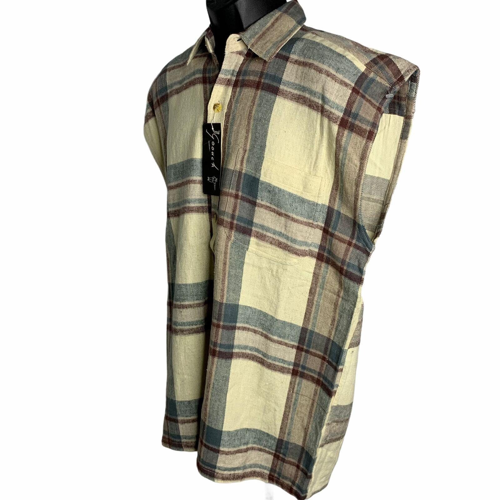 Vintage 90s Grunge Goouch Sleeveless Flannel Shirt Xl Cream Plaid