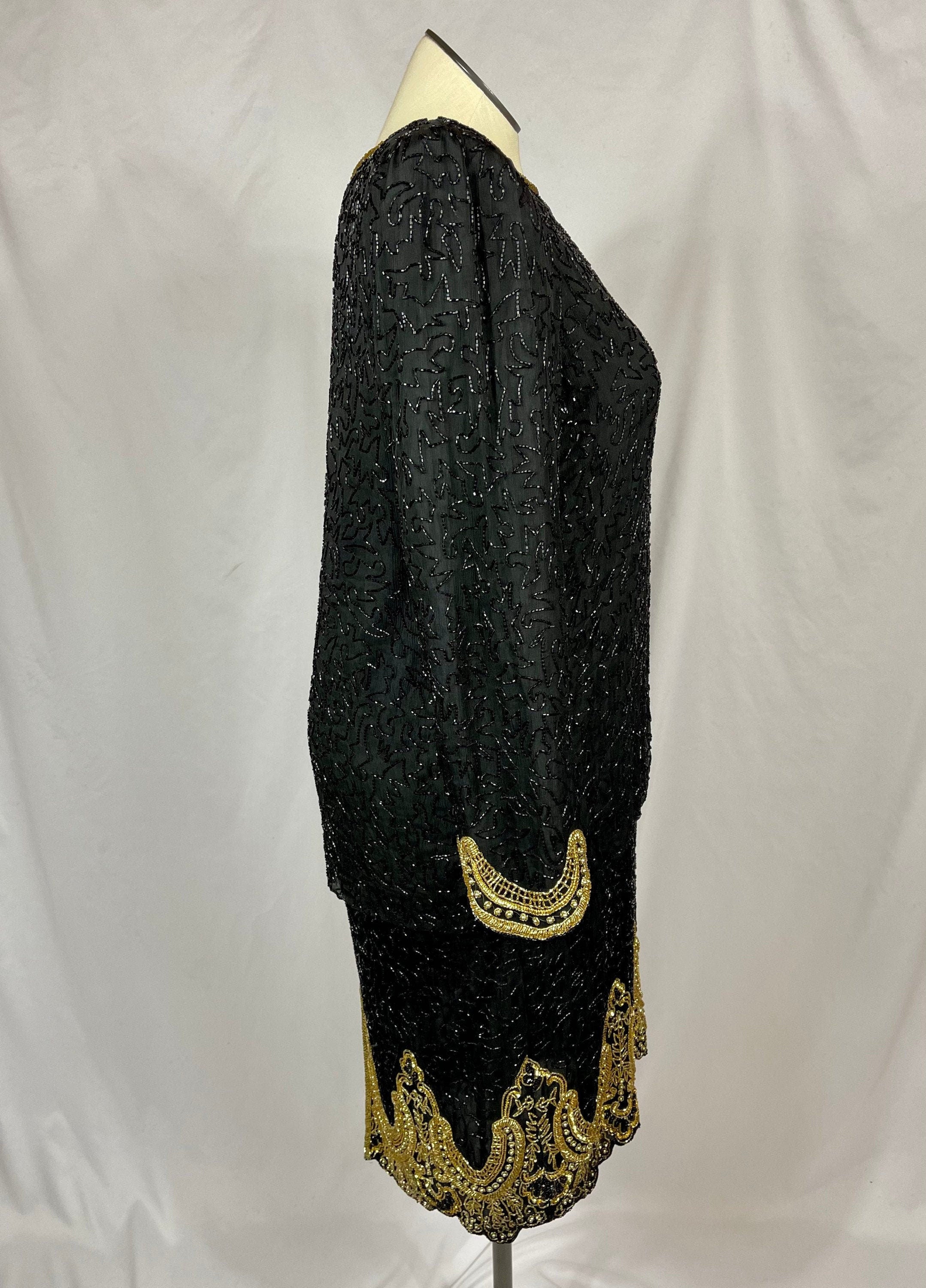 Vintage 80s Black Long Sleeve Beaded Dress By Lawrence Kazar Shop