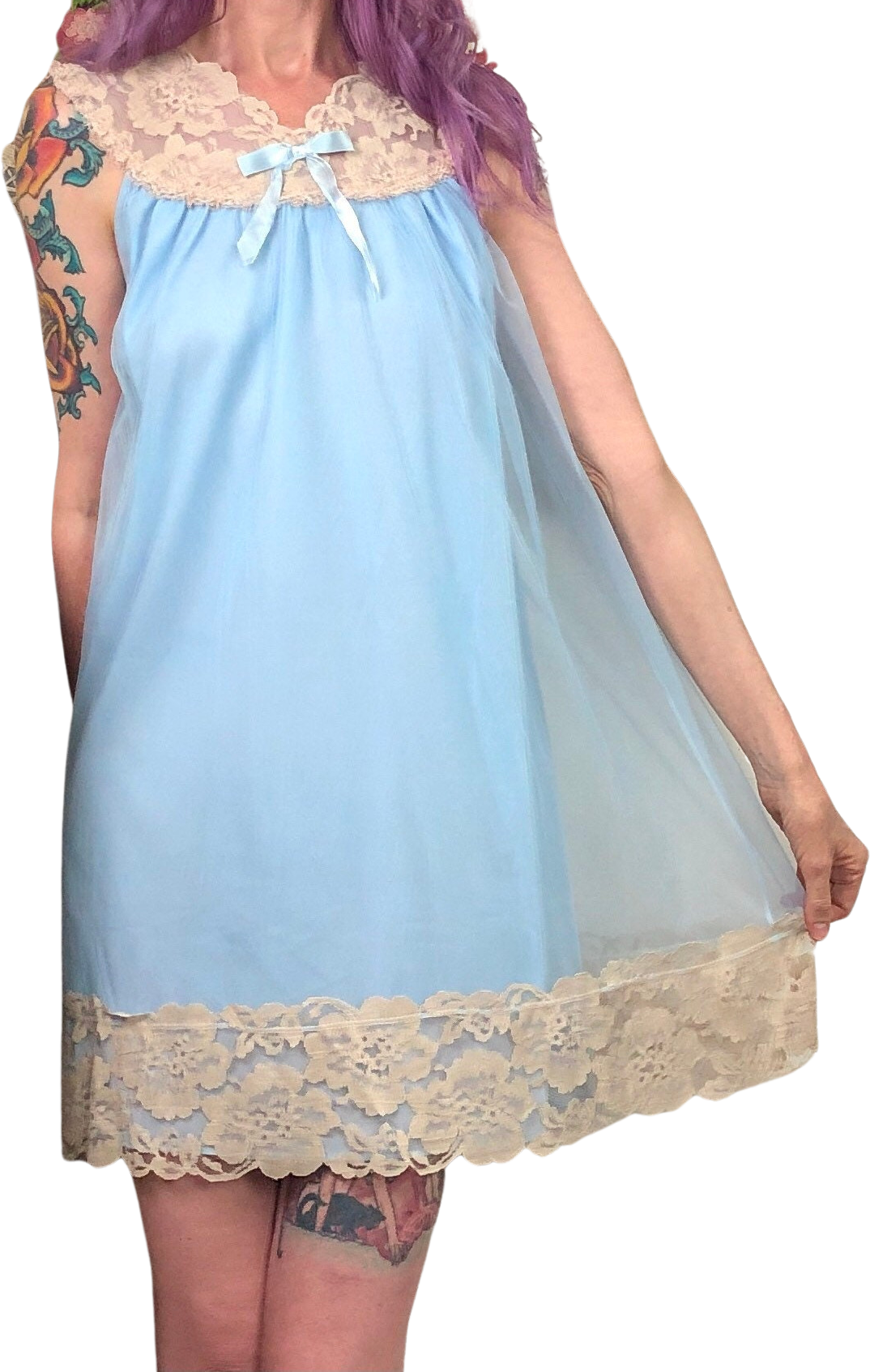 Vintage Blue Chiffon Nightgown 60s Babydoll Nightie Mid Century Lace Shop THRILLING
