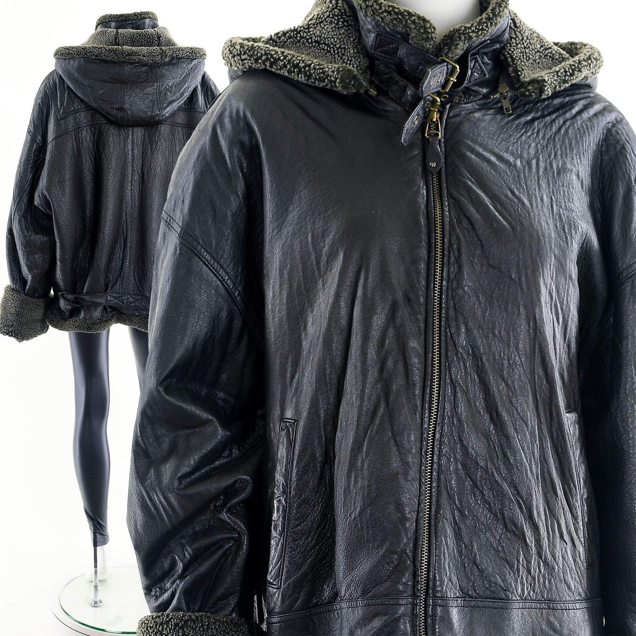 Vintage Black Sherpa FleeceLined Leather Moto Jacket by Midway Shop