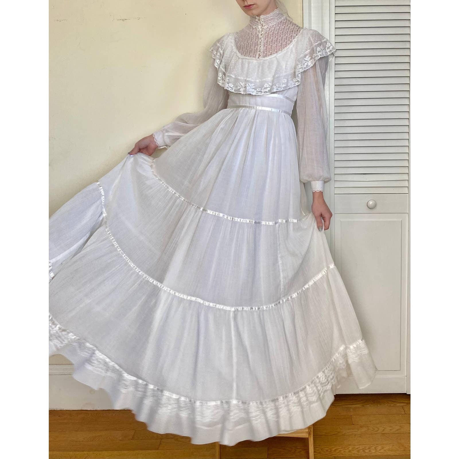 Vintage 70’s Gunne Sax White High Neck Victorian Prairie Dress by Gunne ...